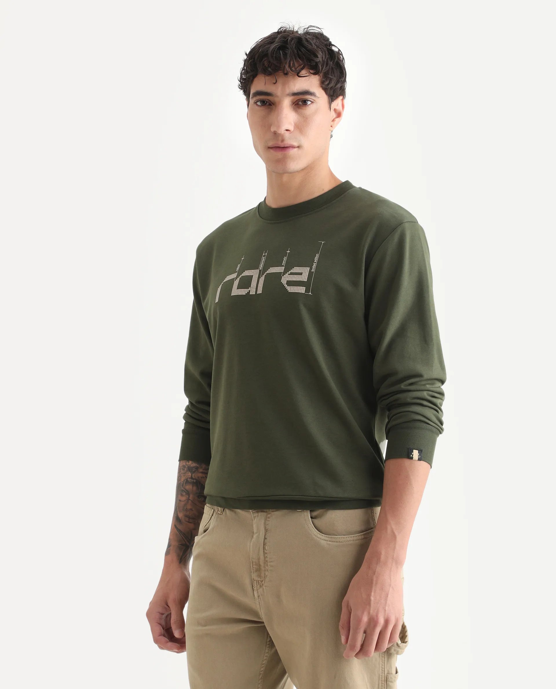 Rare Rabbit Men's Emry Olive Cotton Blend Graphic Print Regular Fit Full Sleeve Crew Neck Sweatshirt