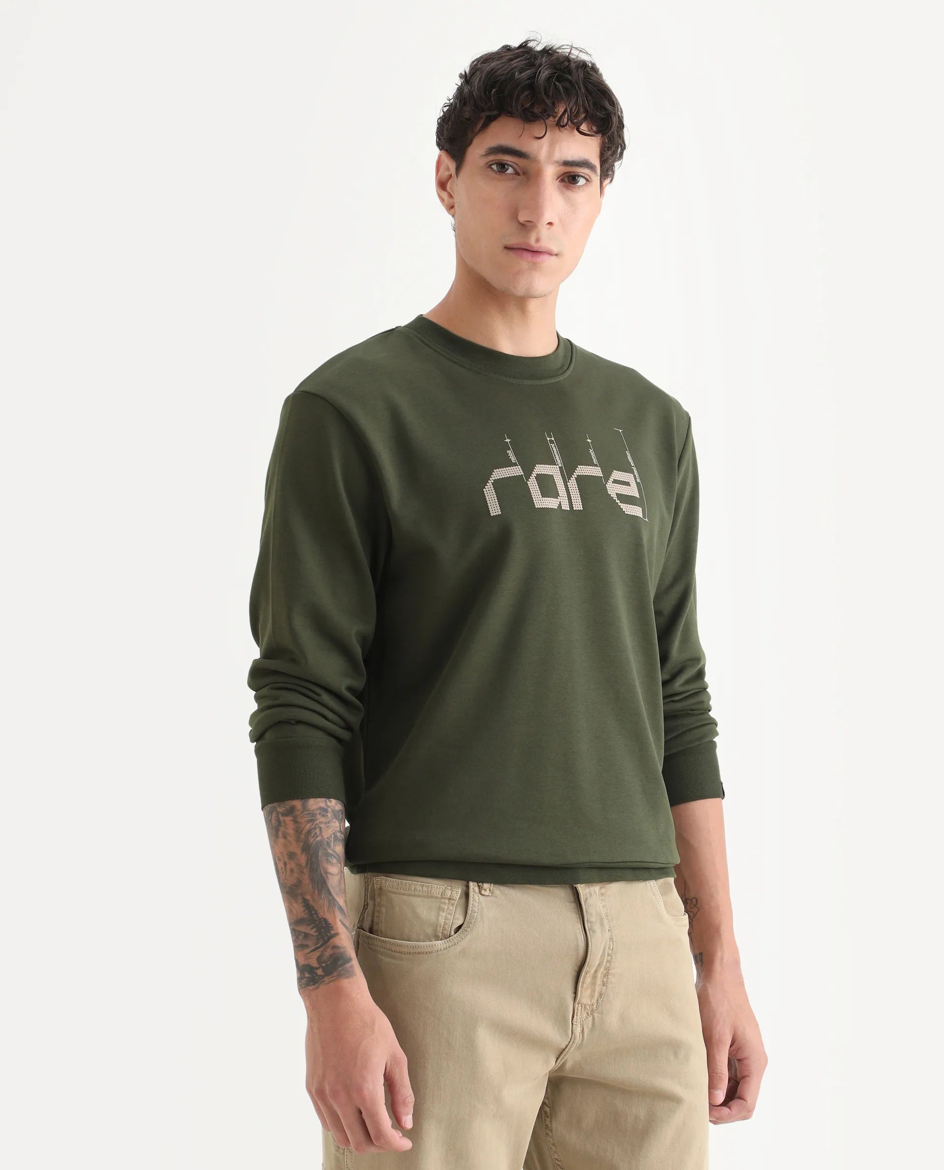 Rare Rabbit Men's Emry Olive Cotton Blend Graphic Print Regular Fit Full Sleeve Crew Neck Sweatshirt