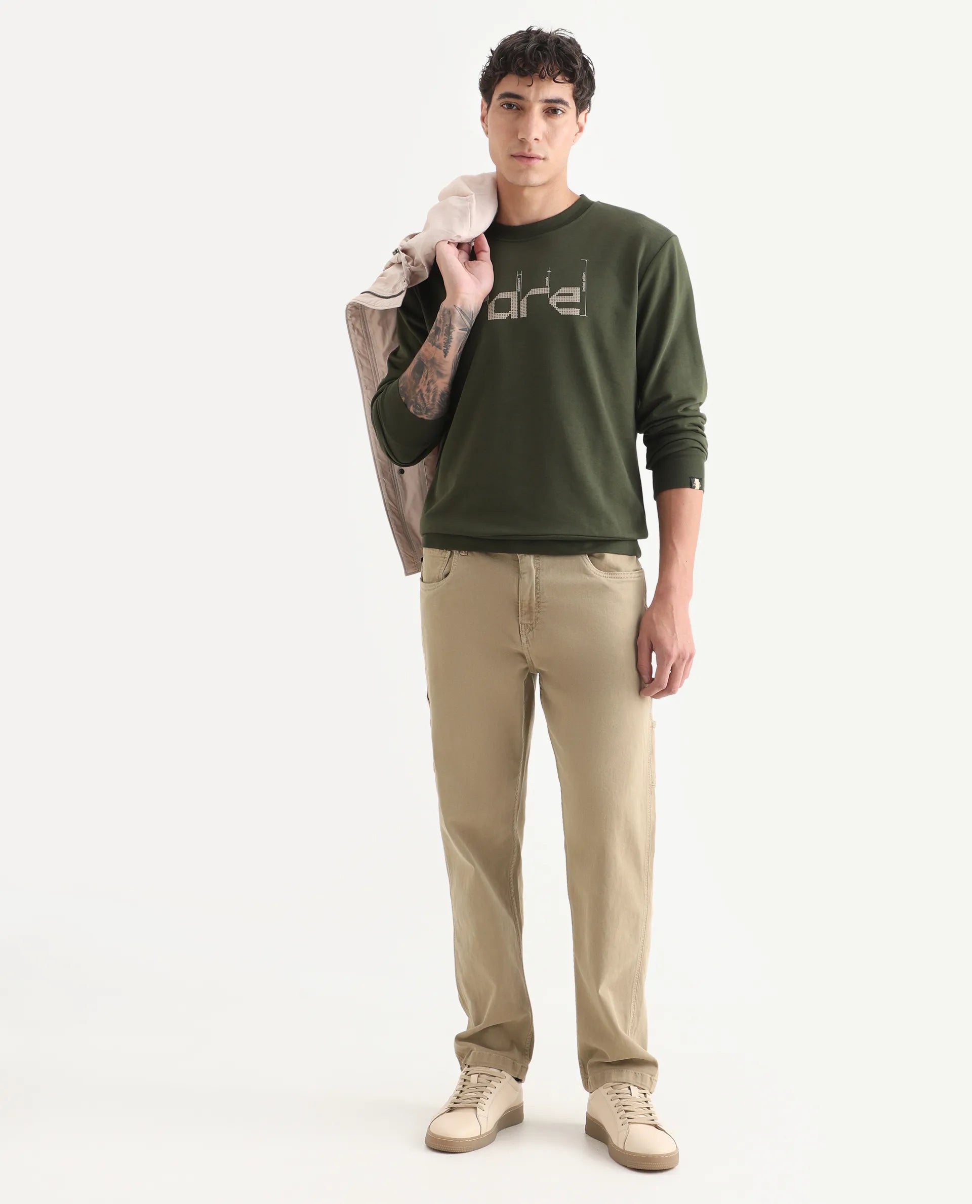 Rare Rabbit Men's Emry Olive Cotton Blend Graphic Print Regular Fit Full Sleeve Crew Neck Sweatshirt