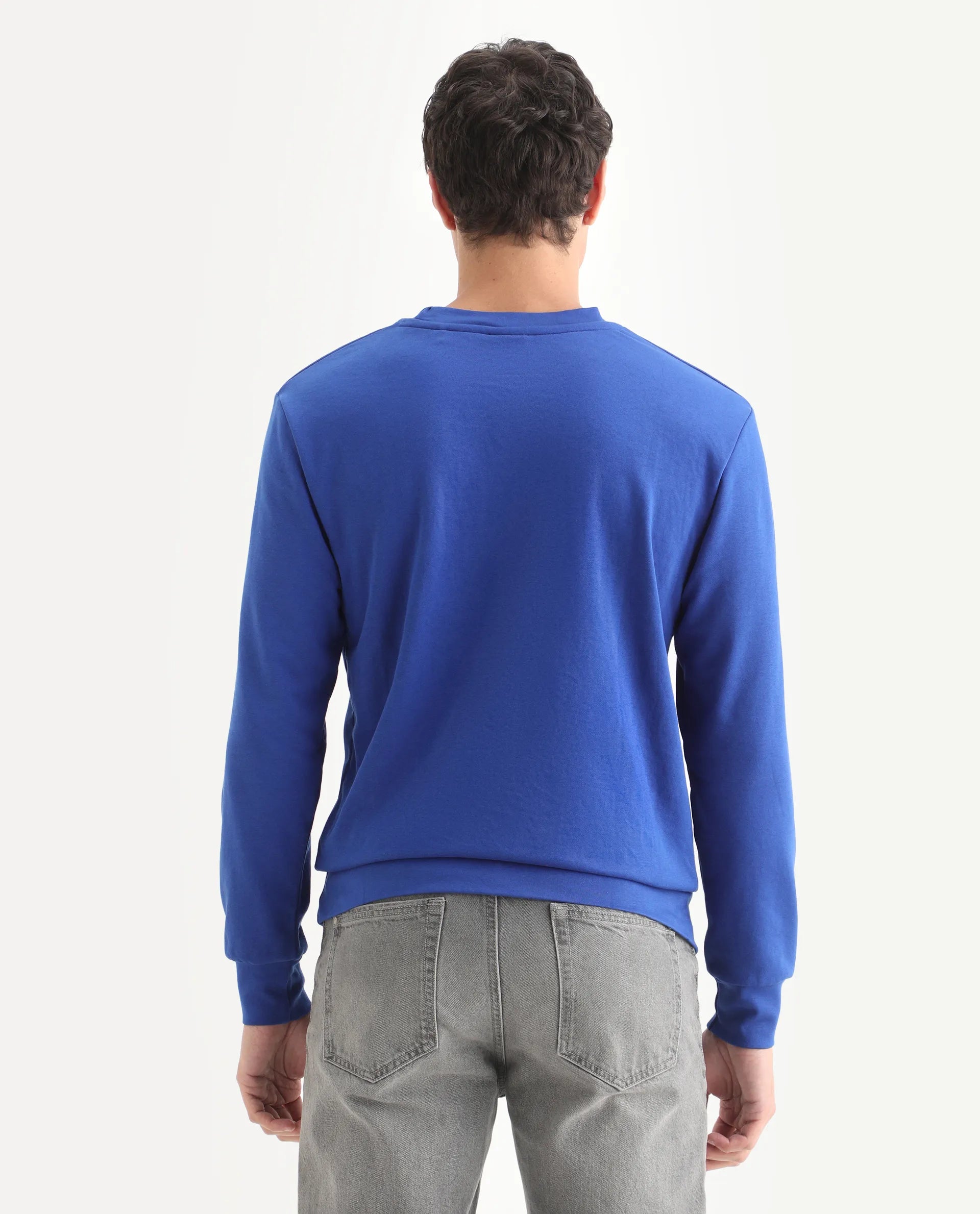 Rare Rabbit Men's Calixer Blue Graphic Print Regular Fit Full Sleeve Crew Neck Sweatshirt