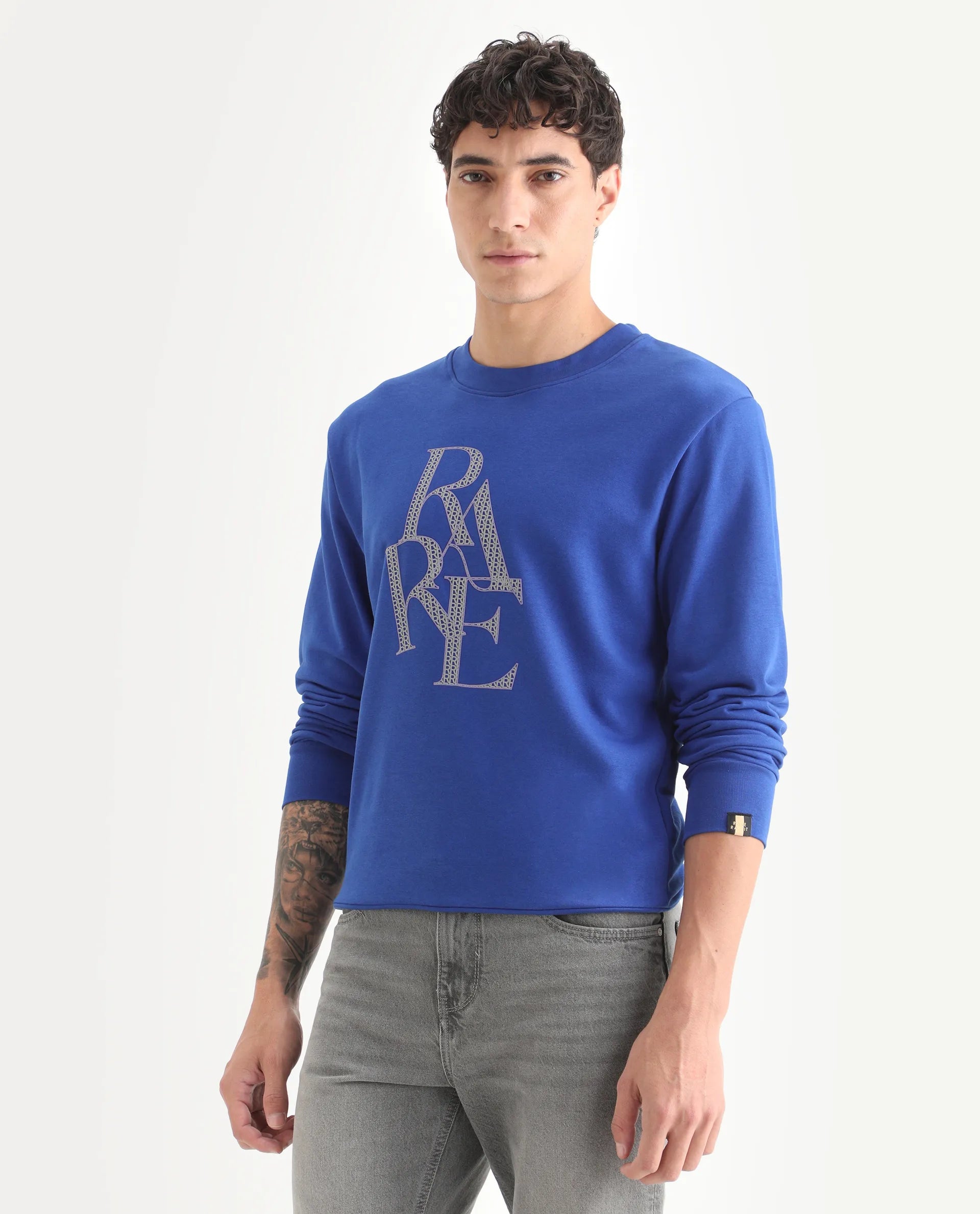 Rare Rabbit Men's Calixer Blue Graphic Print Regular Fit Full Sleeve Crew Neck Sweatshirt