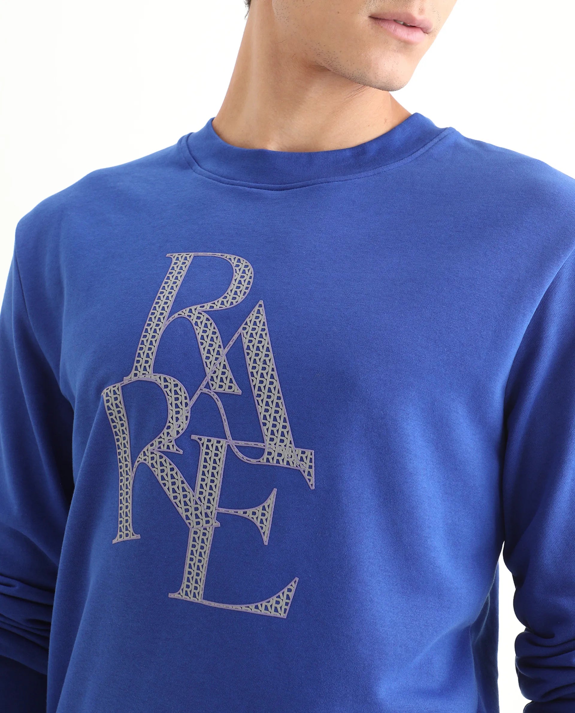 Rare Rabbit Men's Calixer Blue Graphic Print Regular Fit Full Sleeve Crew Neck Sweatshirt