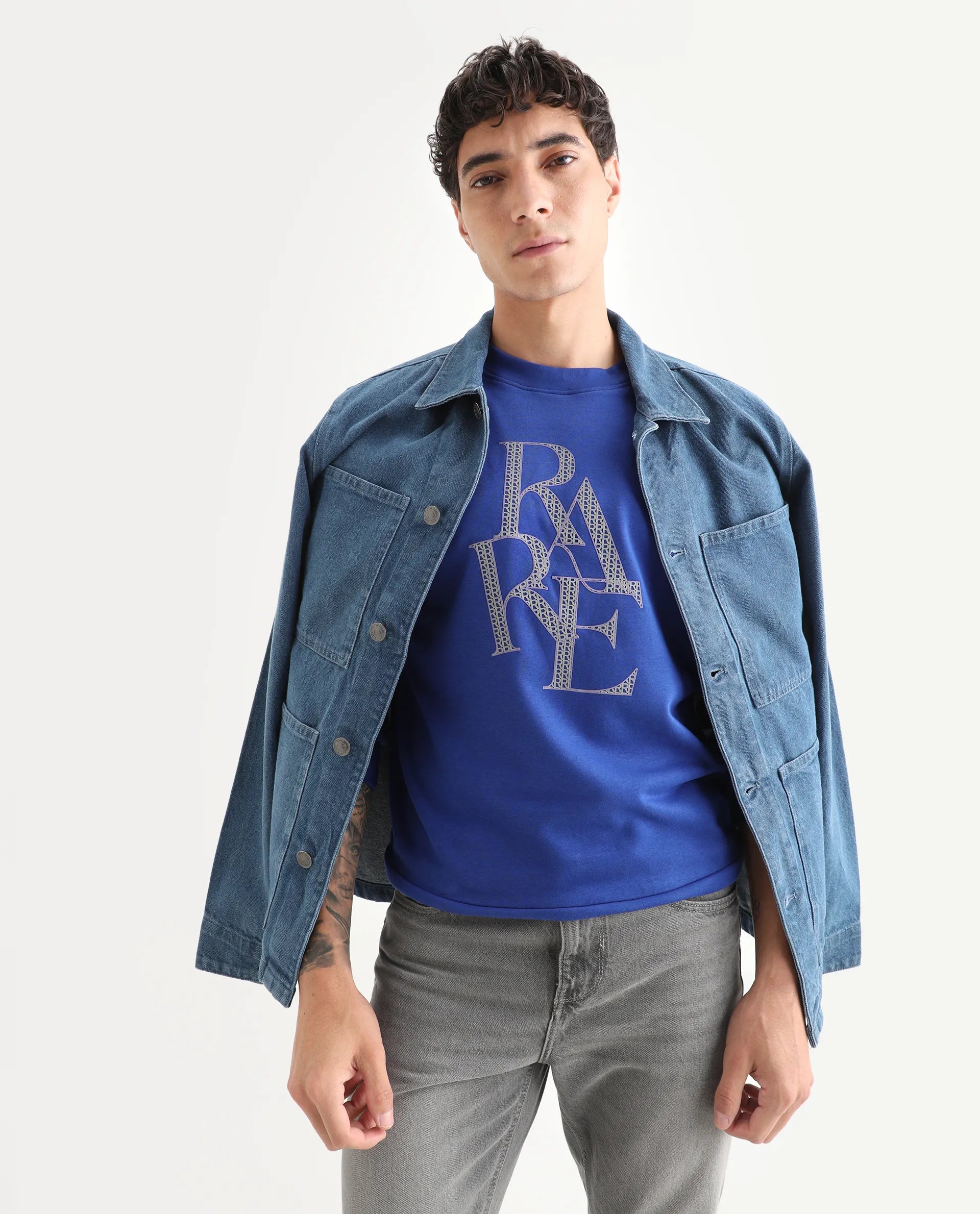 Rare Rabbit Men's Calixer Blue Graphic Print Regular Fit Full Sleeve Crew Neck Sweatshirt