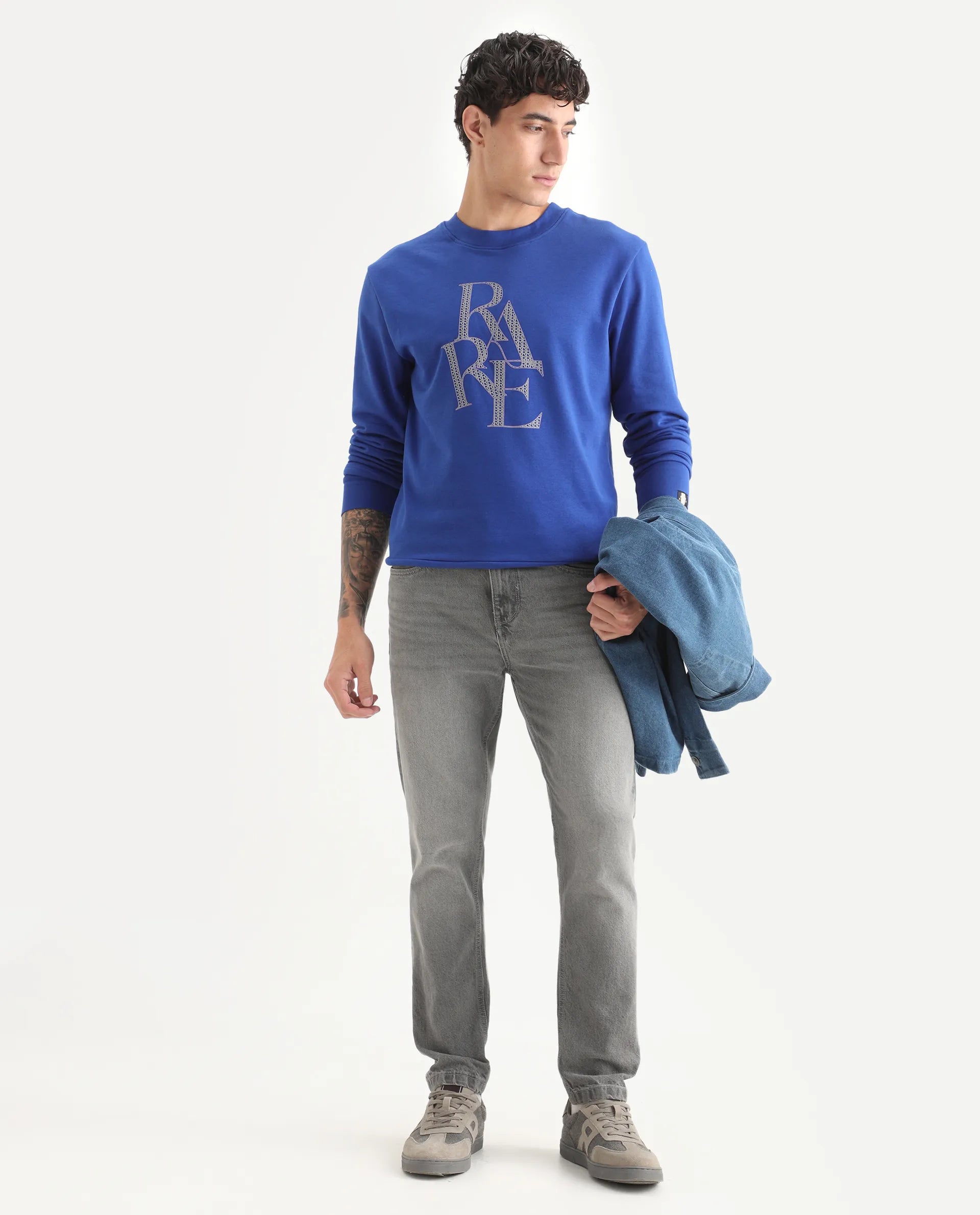 Rare Rabbit Men's Calixer Blue Graphic Print Regular Fit Full Sleeve Crew Neck Sweatshirt