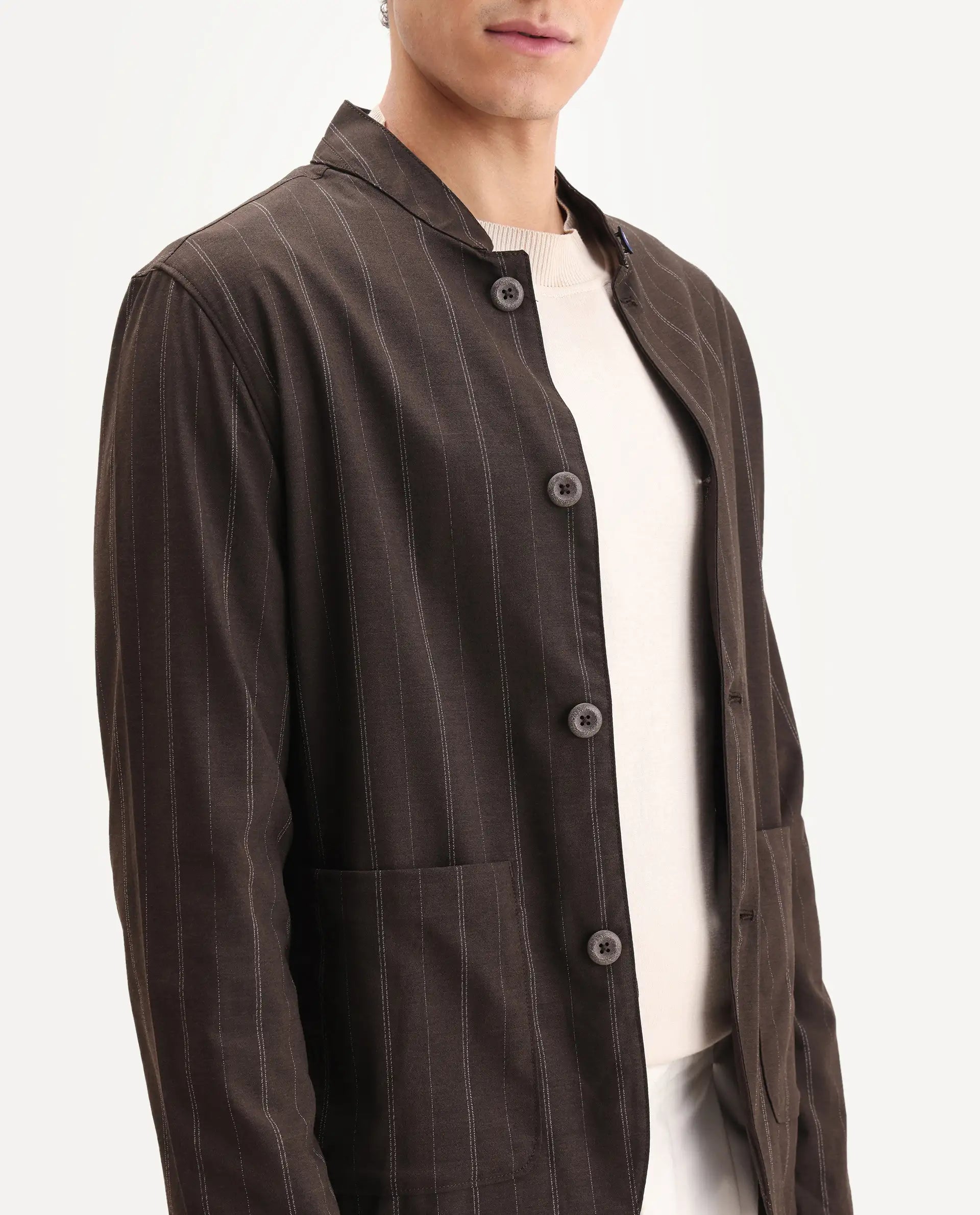 Rare Rabbit Men's Jars Brown Polyester Striped Print Regular Fit Full Sleeve Spread Collar Jacket