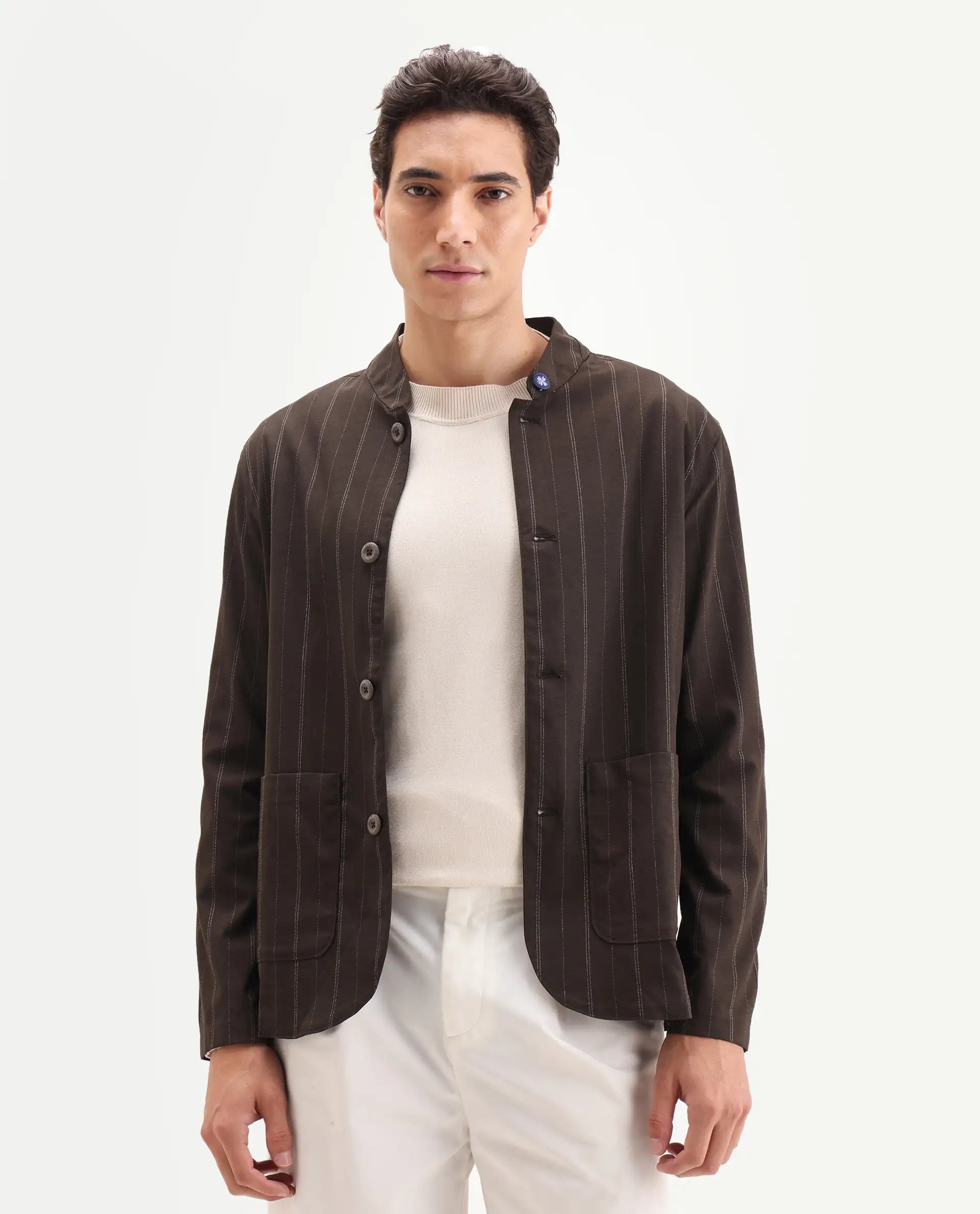 Rare Rabbit Men's Jars Brown Polyester Striped Print Regular Fit Full Sleeve Spread Collar Jacket