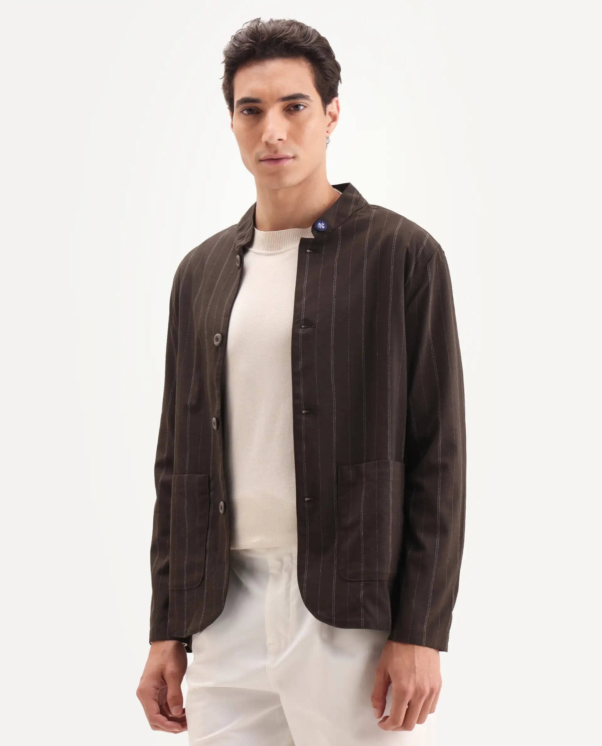 Rare Rabbit Men's Jars Brown Polyester Striped Print Regular Fit Full Sleeve Spread Collar Jacket