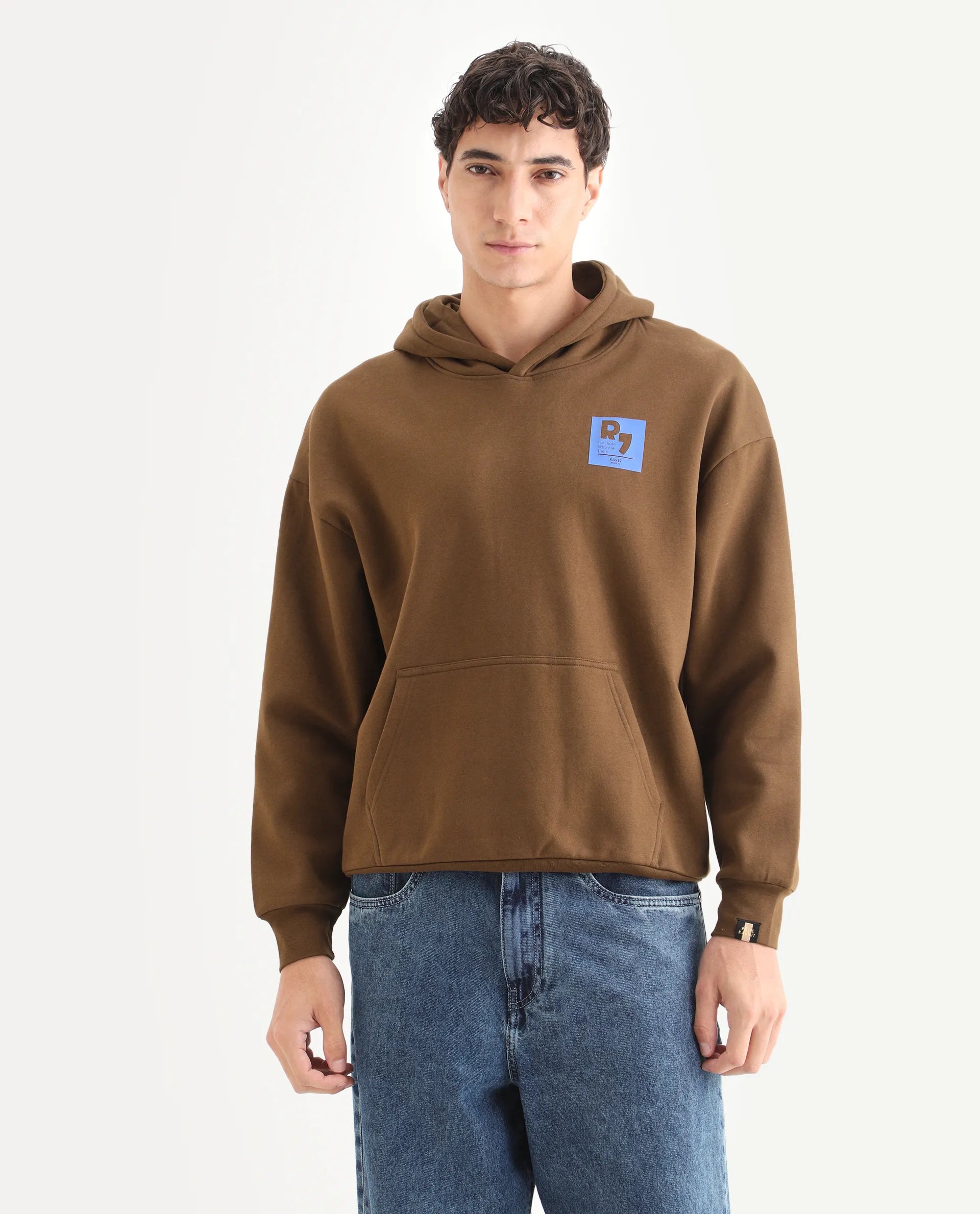 Rare Rabbit Men's Dary Dark Mustard Cotton Puff Print Boxy Fit Full Sleeve Hooded Sweatshirt