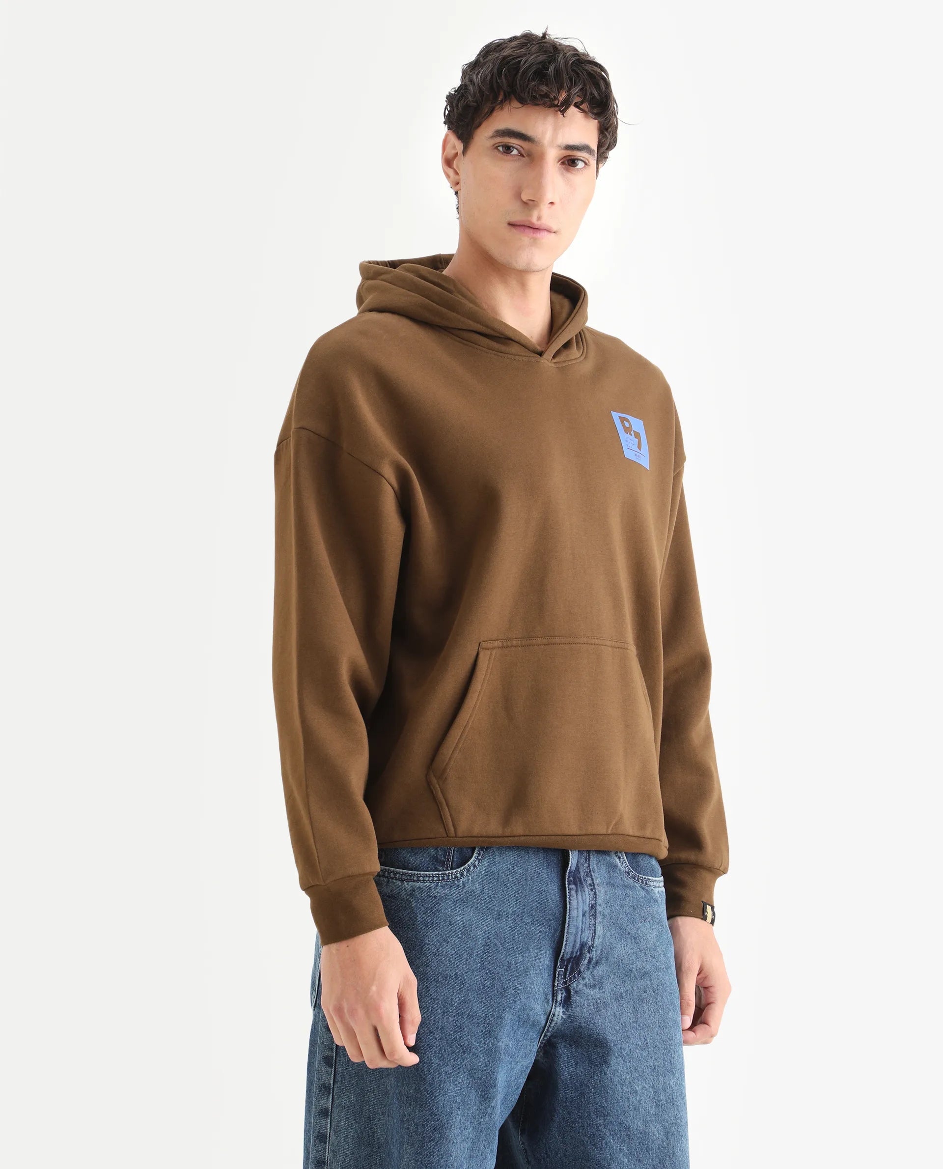 Rare Rabbit Men's Dary Dark Mustard Cotton Puff Print Boxy Fit Full Sleeve Hooded Sweatshirt