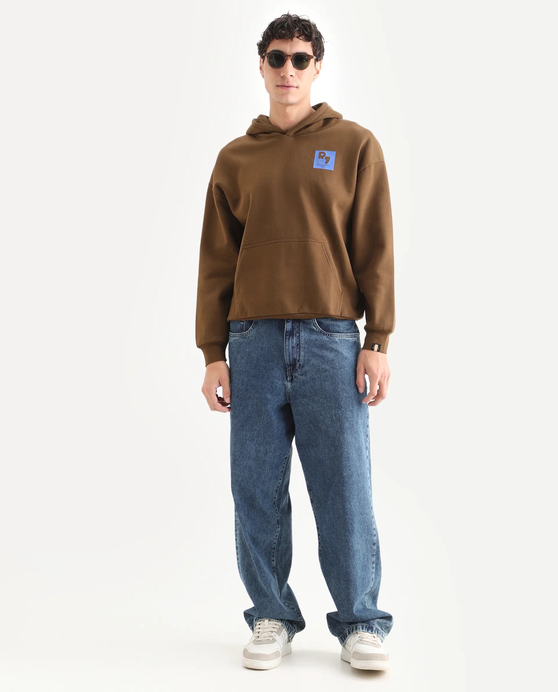 Rare Rabbit Men's Dary Dark Mustard Cotton Puff Print Boxy Fit Full Sleeve Hooded Sweatshirt