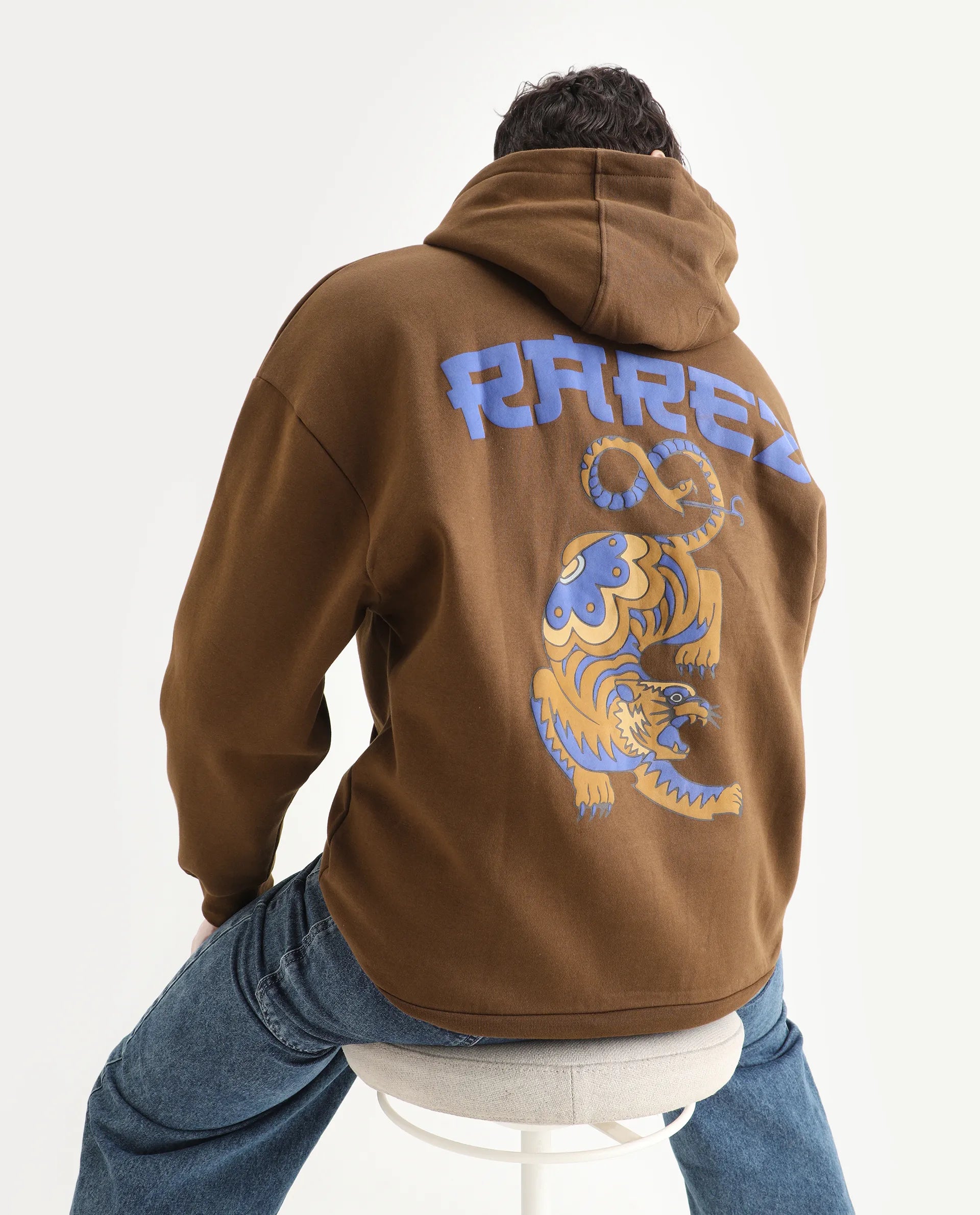 Rare Rabbit Men's Dary Dark Mustard Cotton Puff Print Boxy Fit Full Sleeve Hooded Sweatshirt