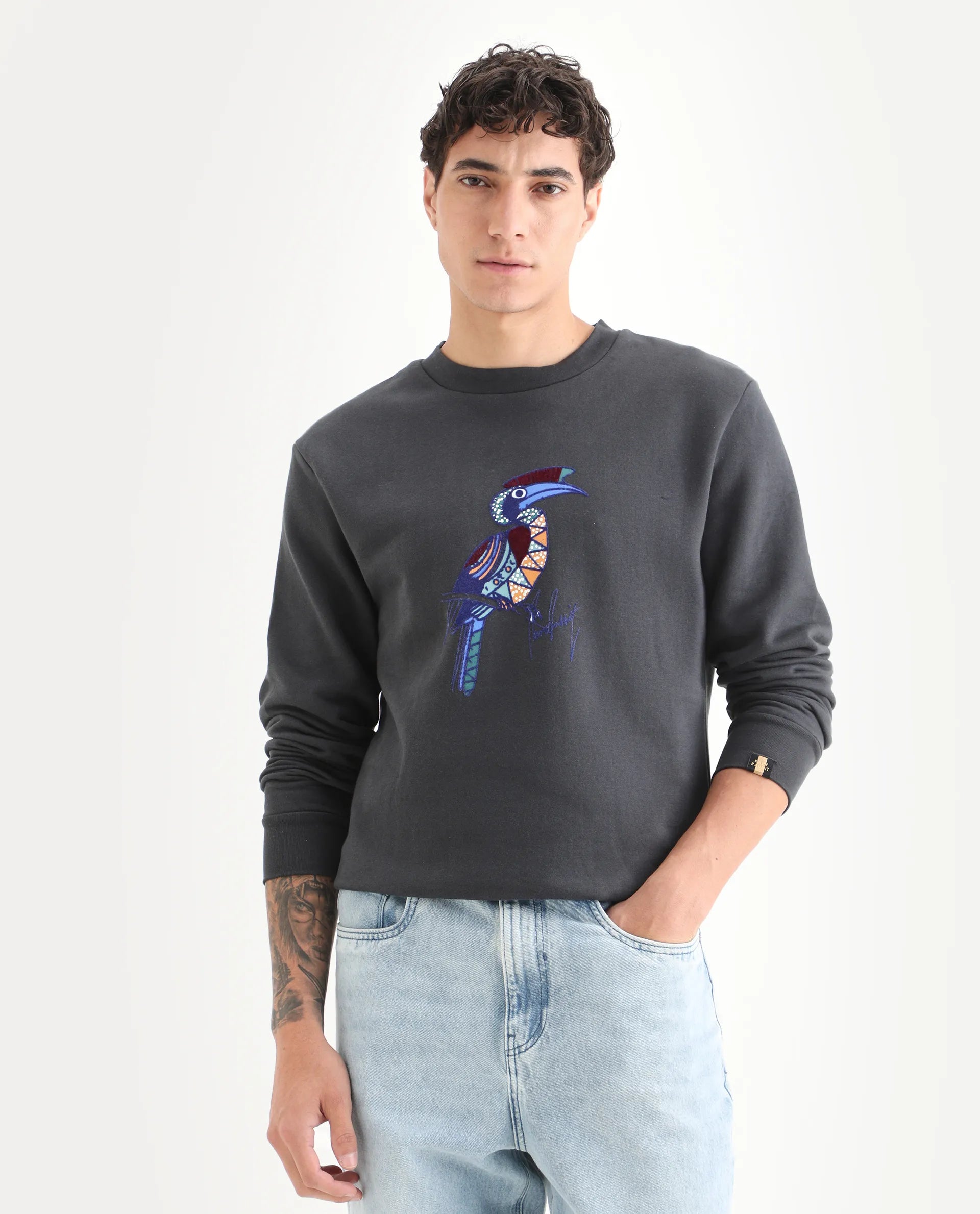 Rare Rabbit Men's Nantes Dark Grey Cotton Blend Graphic Print Boxy Fit Full Sleeve Crew Neck Sweatshirt