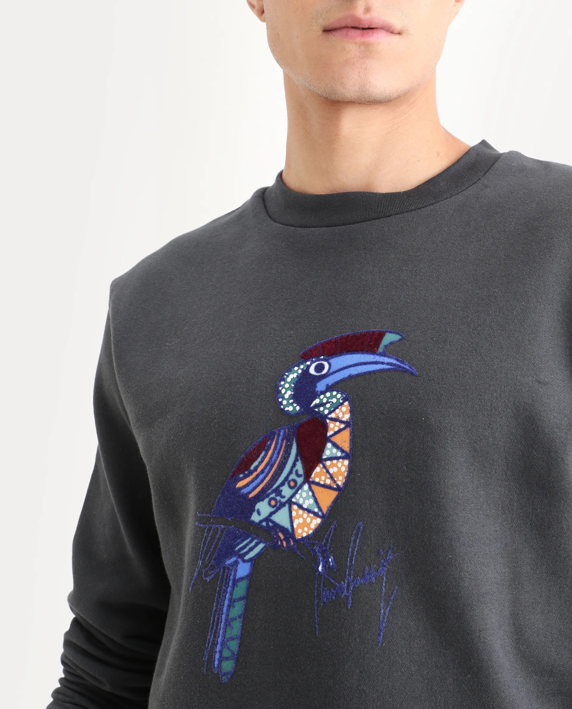Rare Rabbit Men's Nantes Dark Grey Cotton Blend Graphic Print Boxy Fit Full Sleeve Crew Neck Sweatshirt