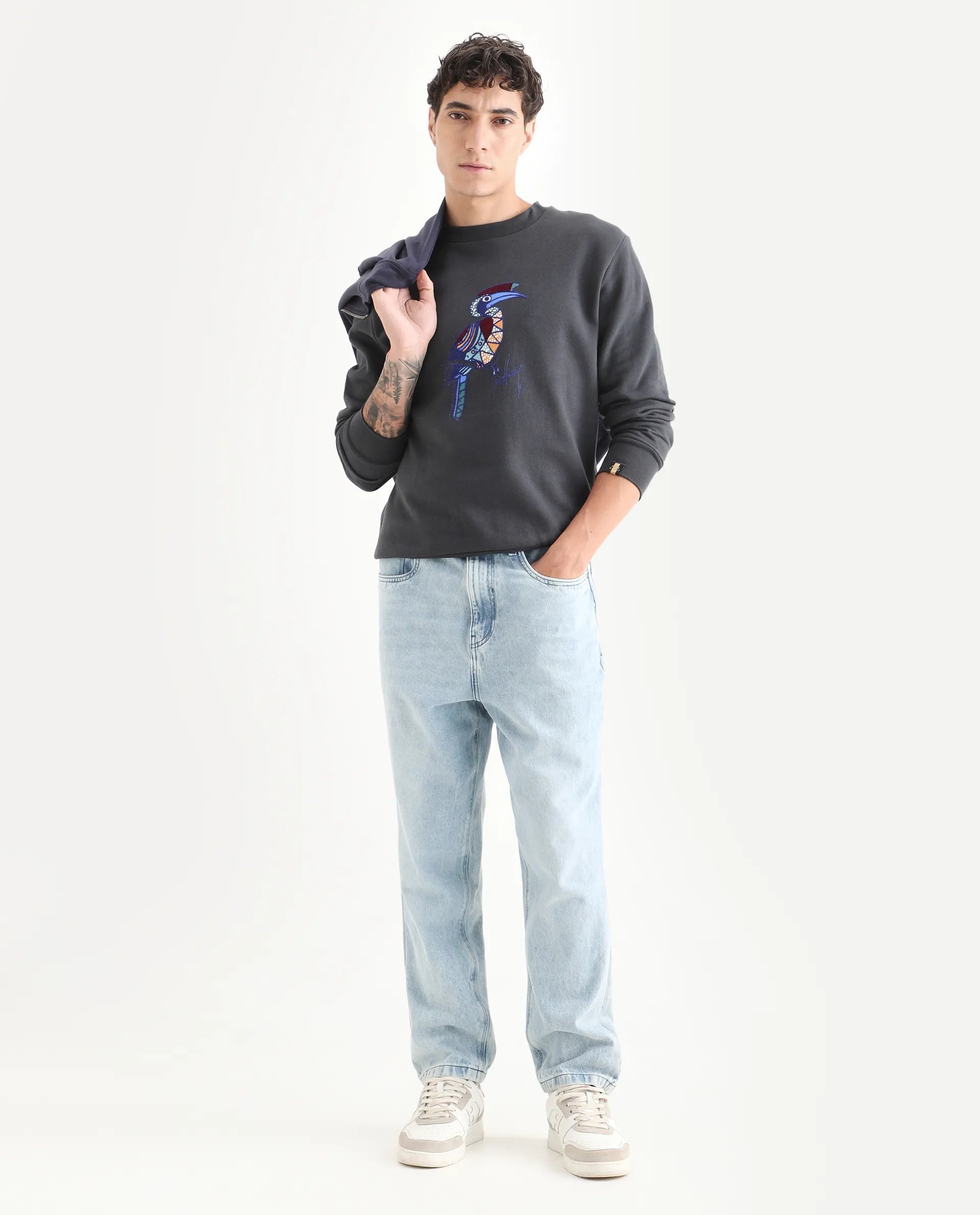 Rare Rabbit Men's Nantes Dark Grey Cotton Blend Graphic Print Boxy Fit Full Sleeve Crew Neck Sweatshirt