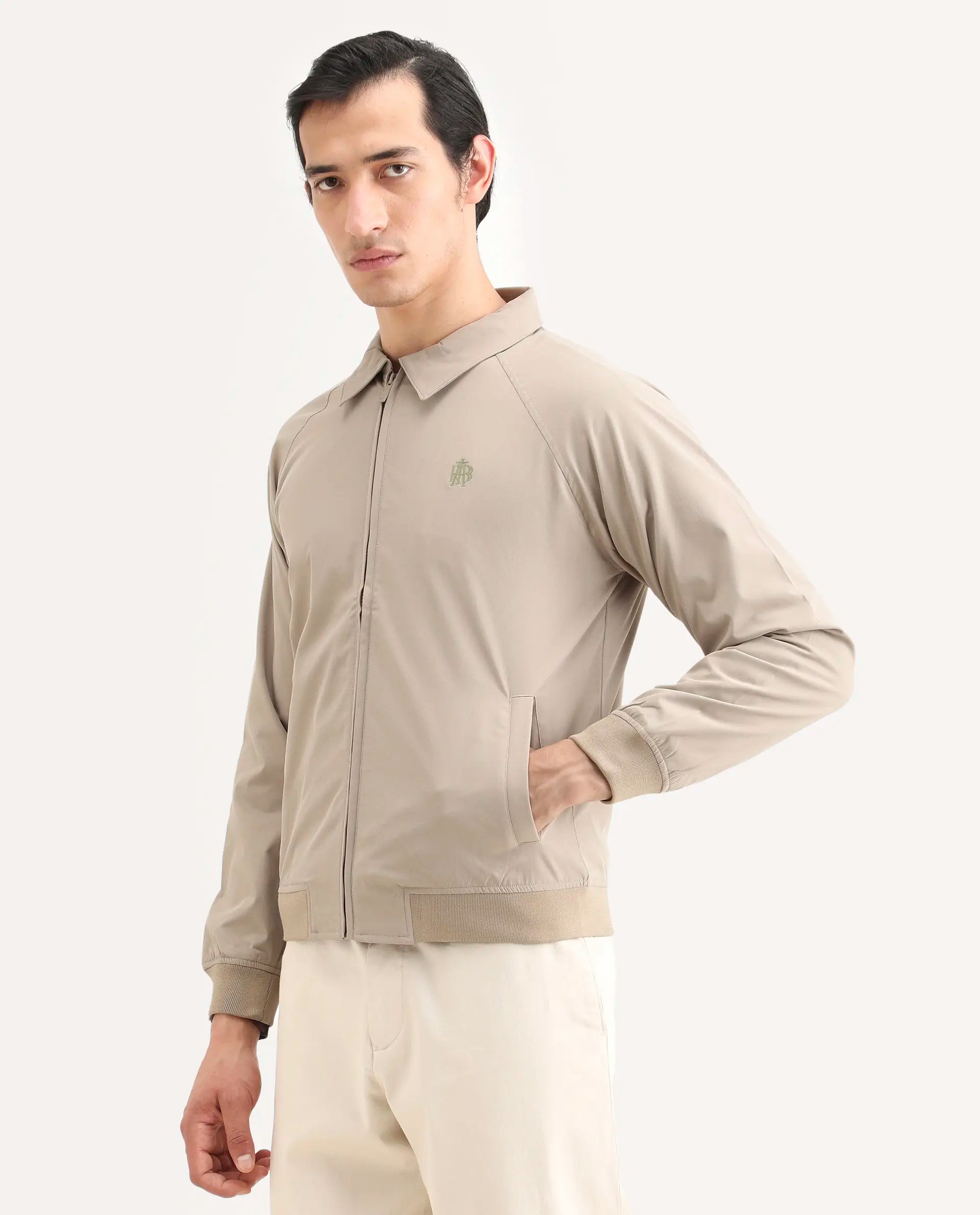 Rare Rabbit Men's Clayon Beige Polyester Embroidered Regular Fit Full Sleeve Spread Collar Jacket