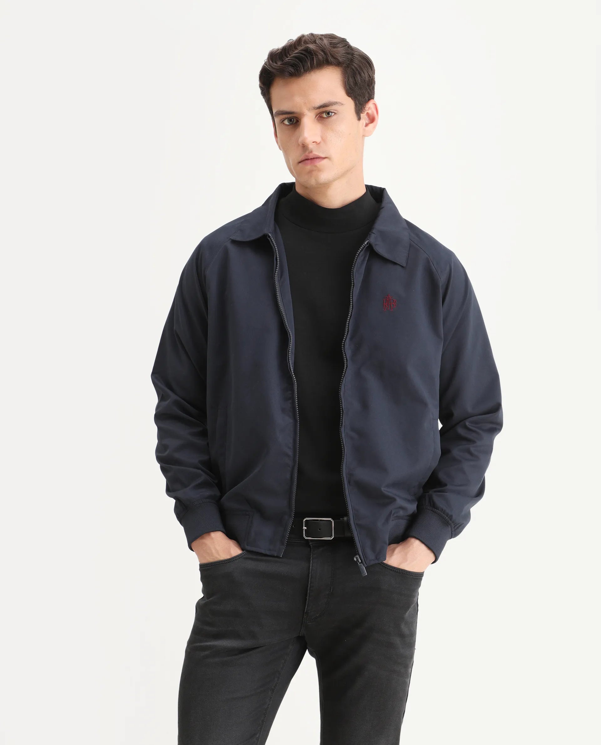 Rare Rabbit Men's Clayon Navy Polyester Embroidered Regular Fit Full Sleeve Spread Collar Jacket