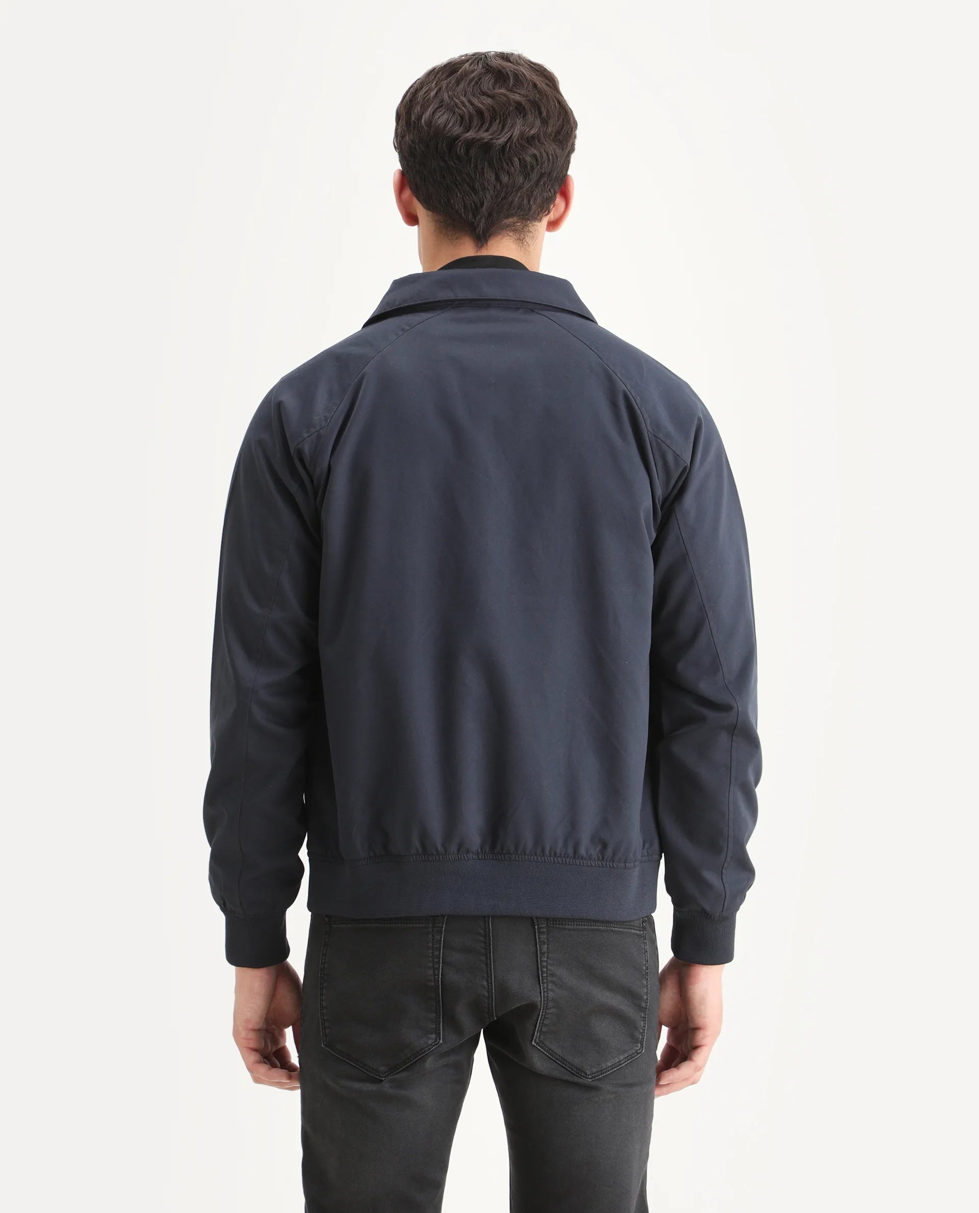 Rare Rabbit Men's Clayon Navy Polyester Embroidered Regular Fit Full Sleeve Spread Collar Jacket