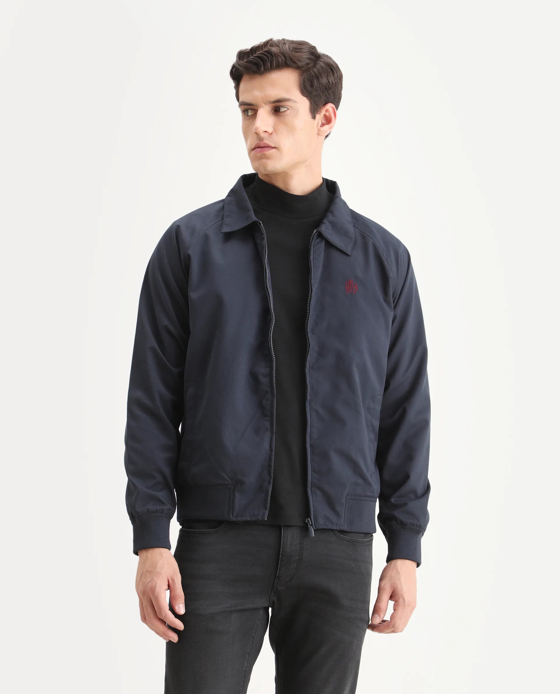 Rare Rabbit Men's Clayon Navy Polyester Embroidered Regular Fit Full Sleeve Spread Collar Jacket