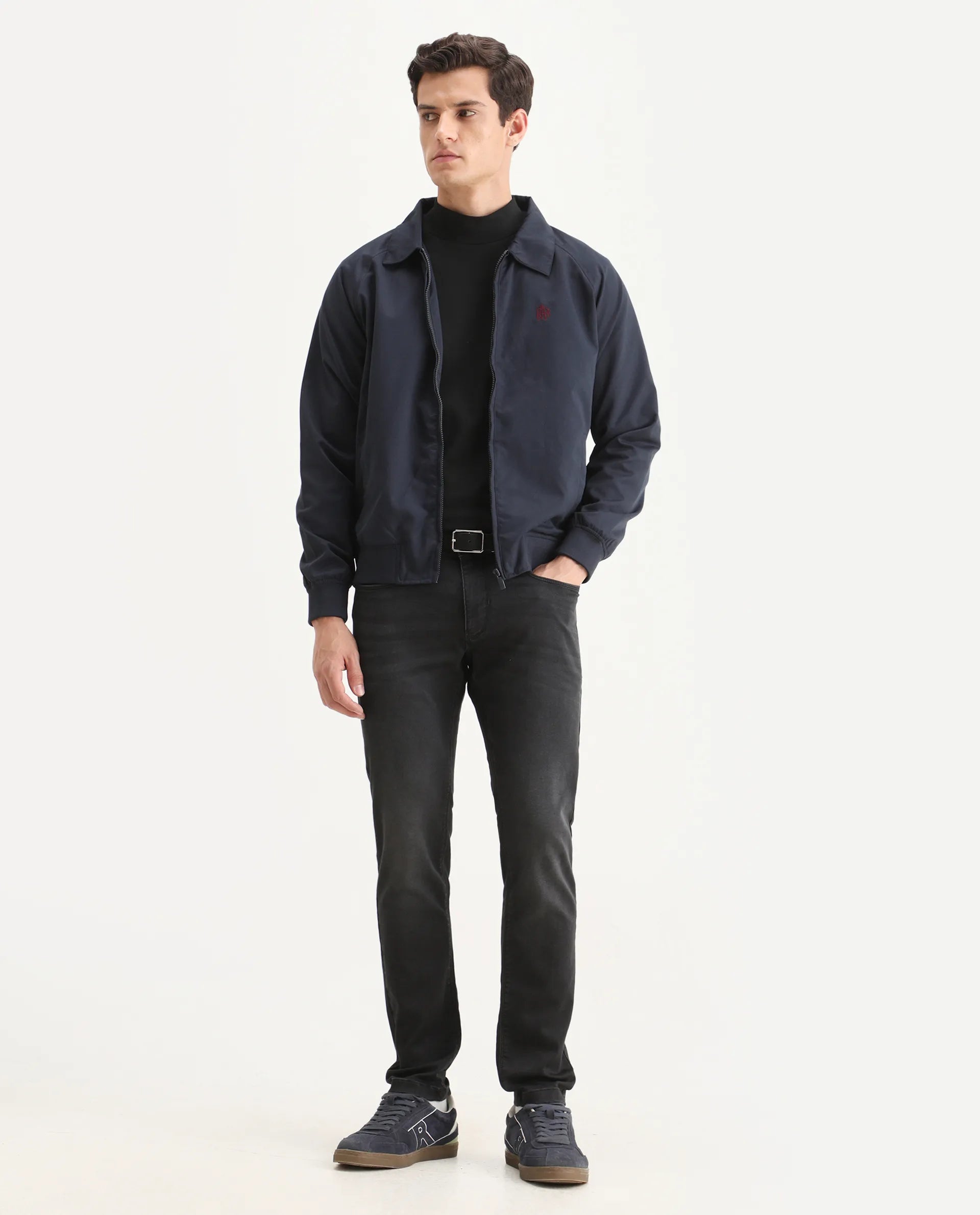 Rare Rabbit Men's Clayon Navy Polyester Embroidered Regular Fit Full Sleeve Spread Collar Jacket