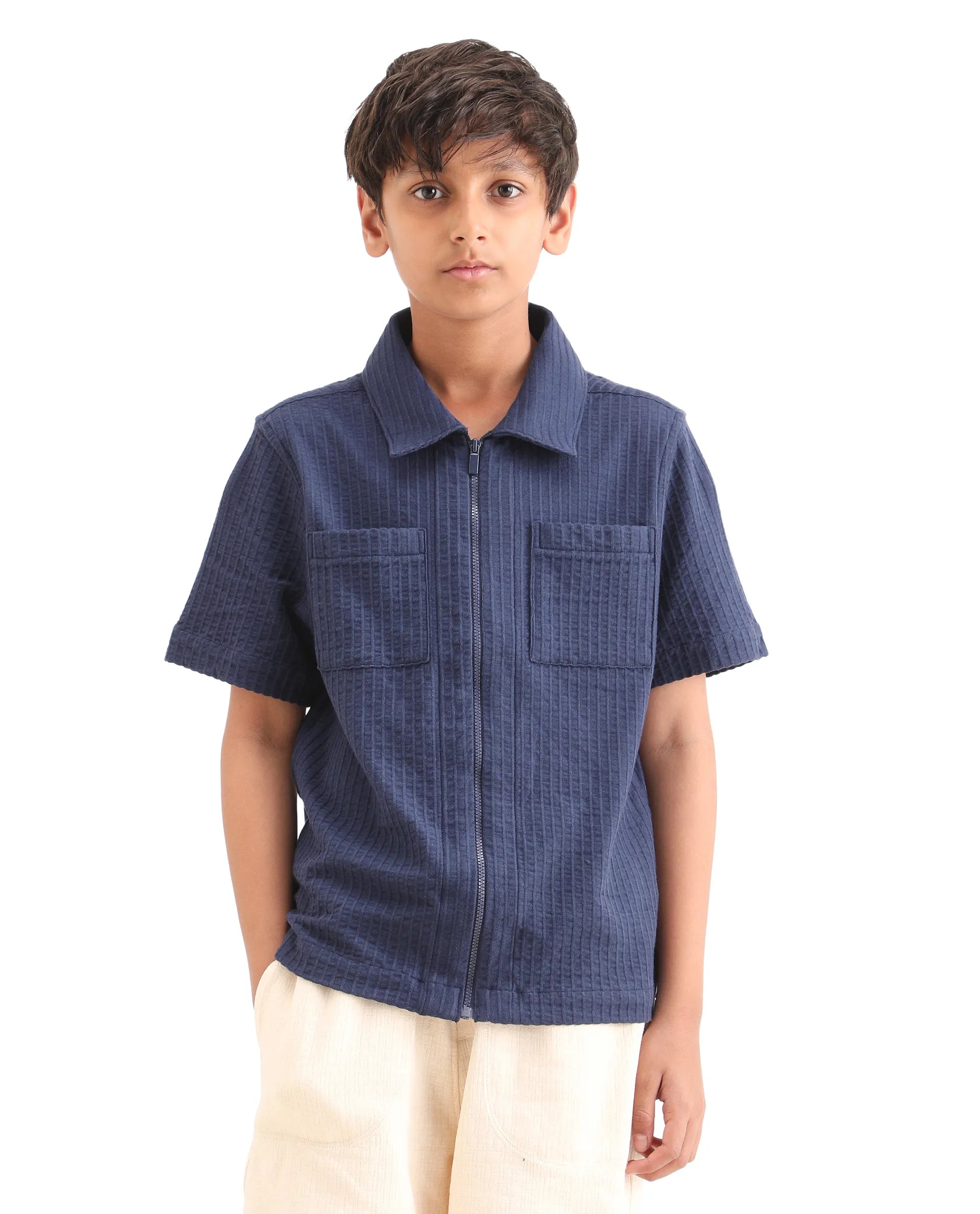 Rare Ones Kids Lomz Dark Navy Cotton Fabric Half Sleeve Tonal Stripe Shacket