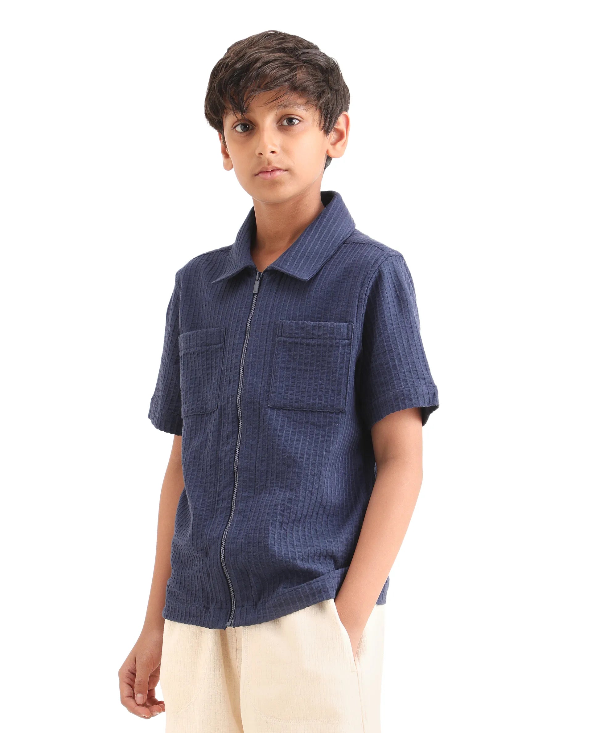 Rare Ones Kids Lomz Dark Navy Cotton Fabric Half Sleeve Tonal Stripe Shacket