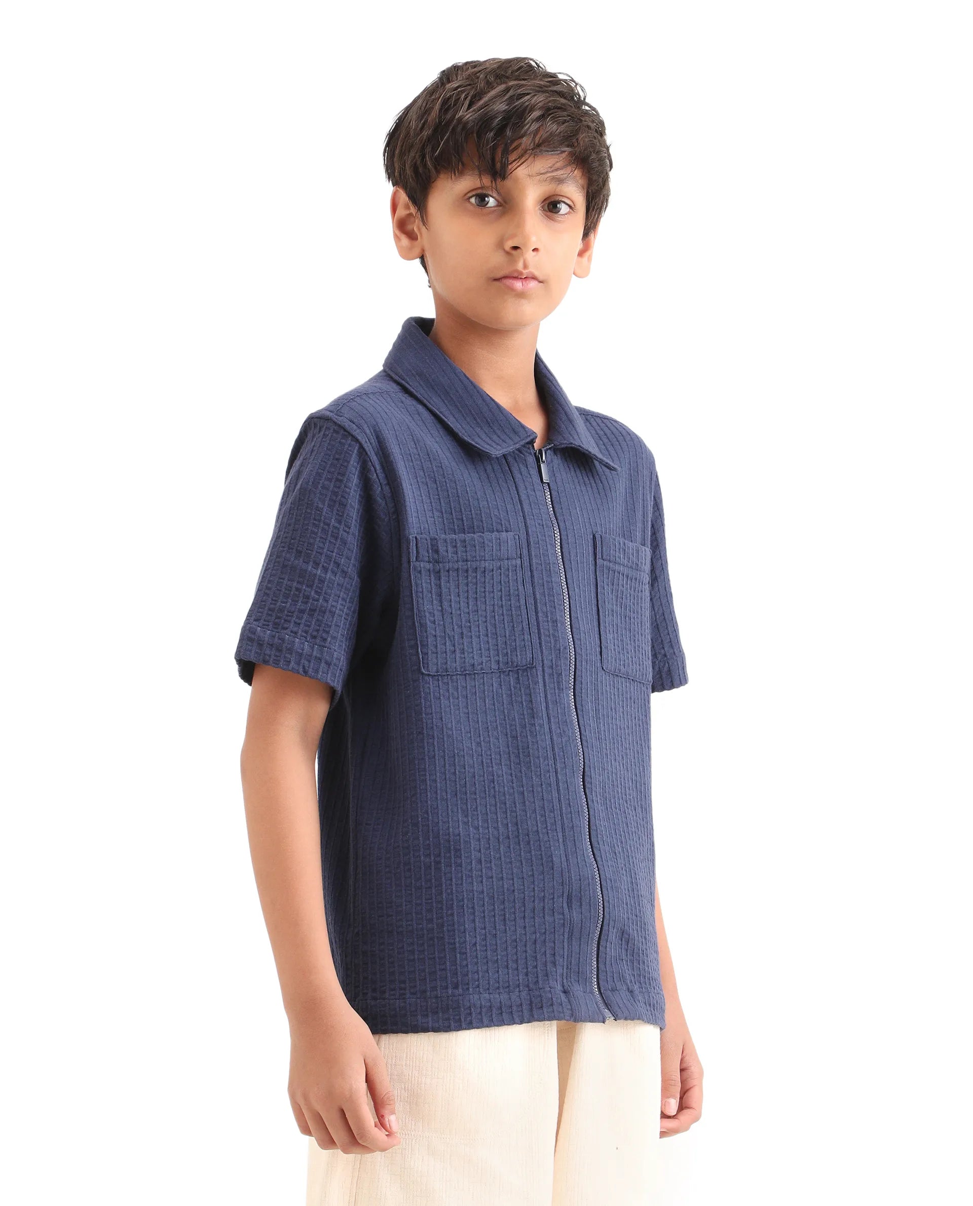 Rare Ones Kids Lomz Dark Navy Cotton Fabric Half Sleeve Tonal Stripe Shacket