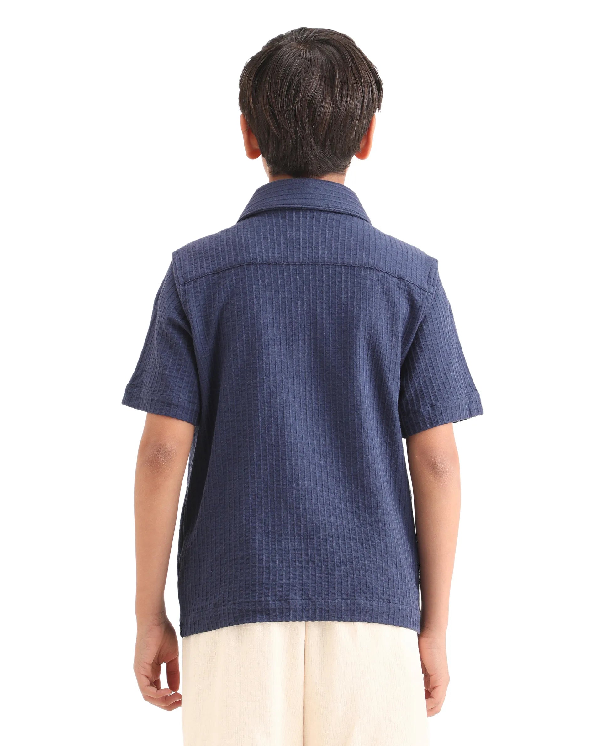 Rare Ones Kids Lomz Dark Navy Cotton Fabric Half Sleeve Tonal Stripe Shacket