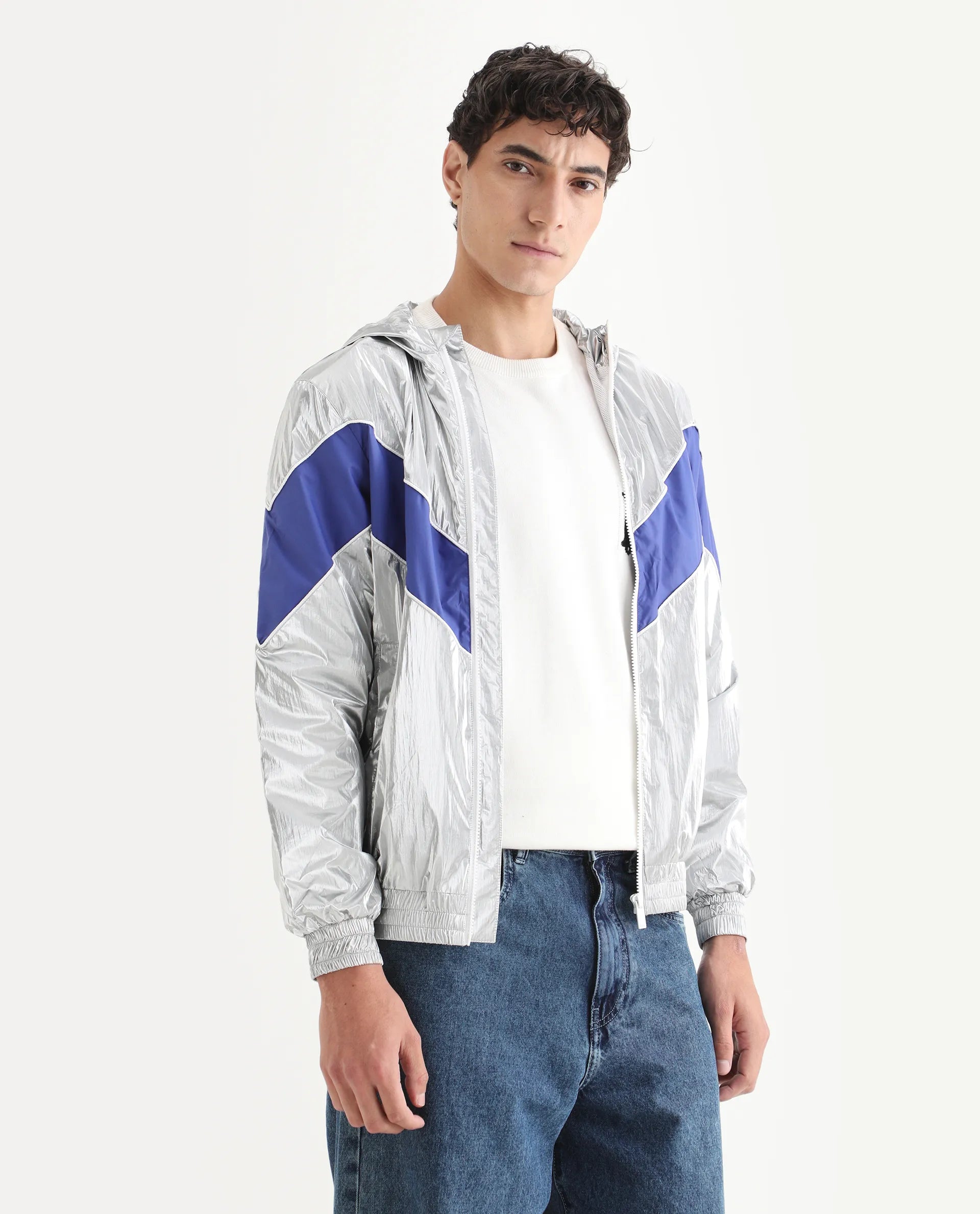 Rare Rabbit Men's Albi Silver Nylon Blend Metallic Regular Fit Full Sleeve Hooded Jacket