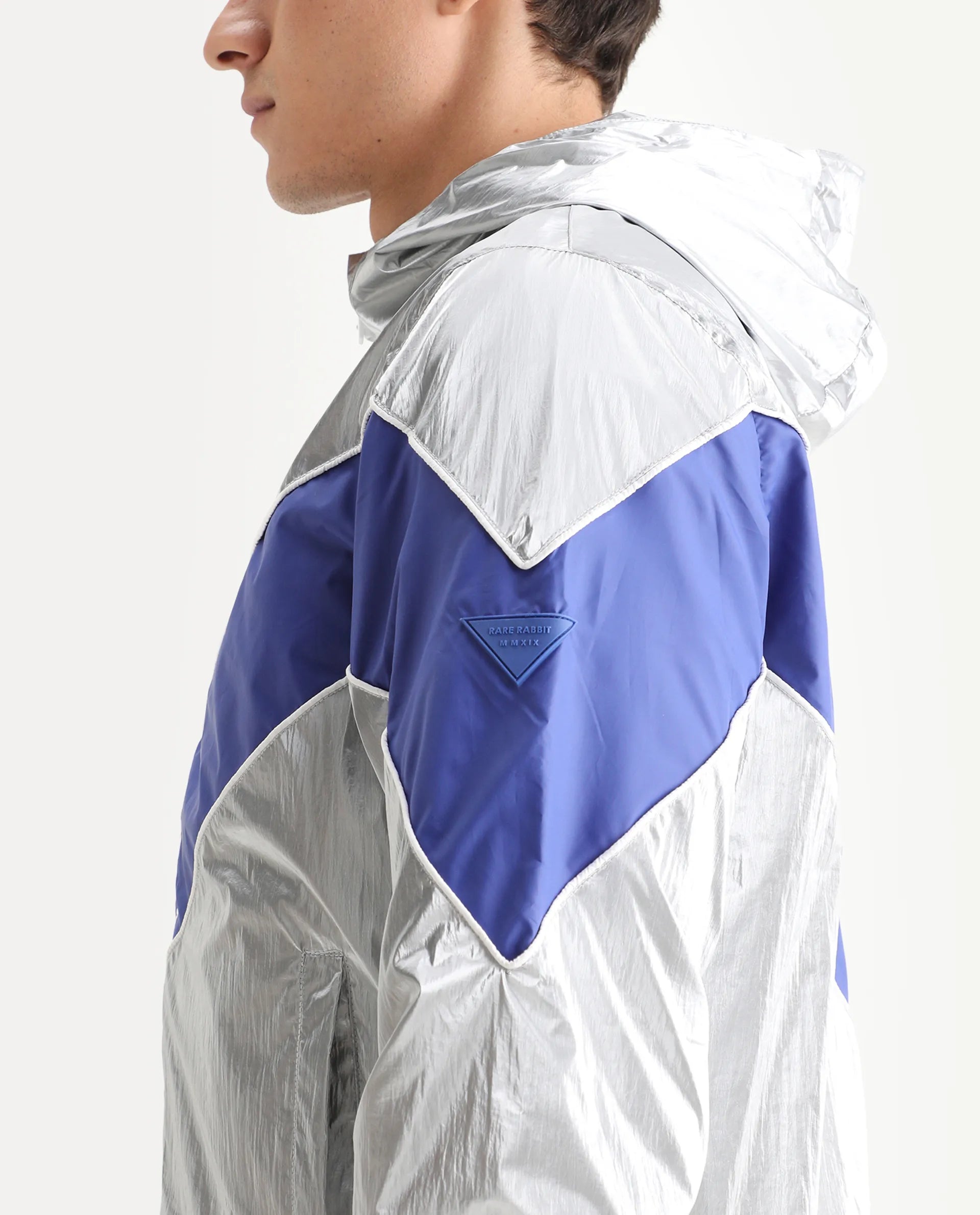 Rare Rabbit Men's Albi Silver Nylon Blend Metallic Regular Fit Full Sleeve Hooded Jacket