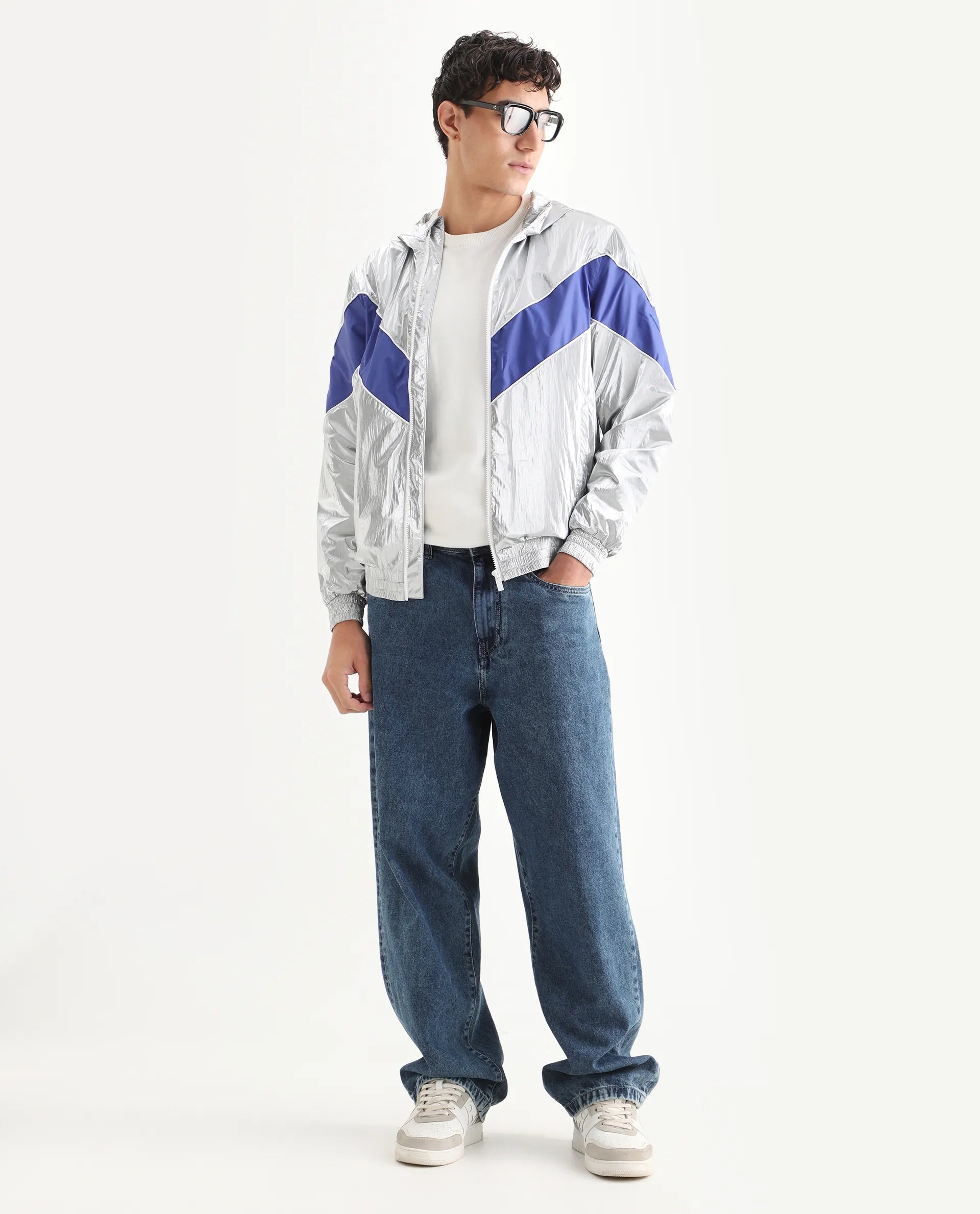 Rare Rabbit Men's Albi Silver Nylon Blend Metallic Regular Fit Full Sleeve Hooded Jacket