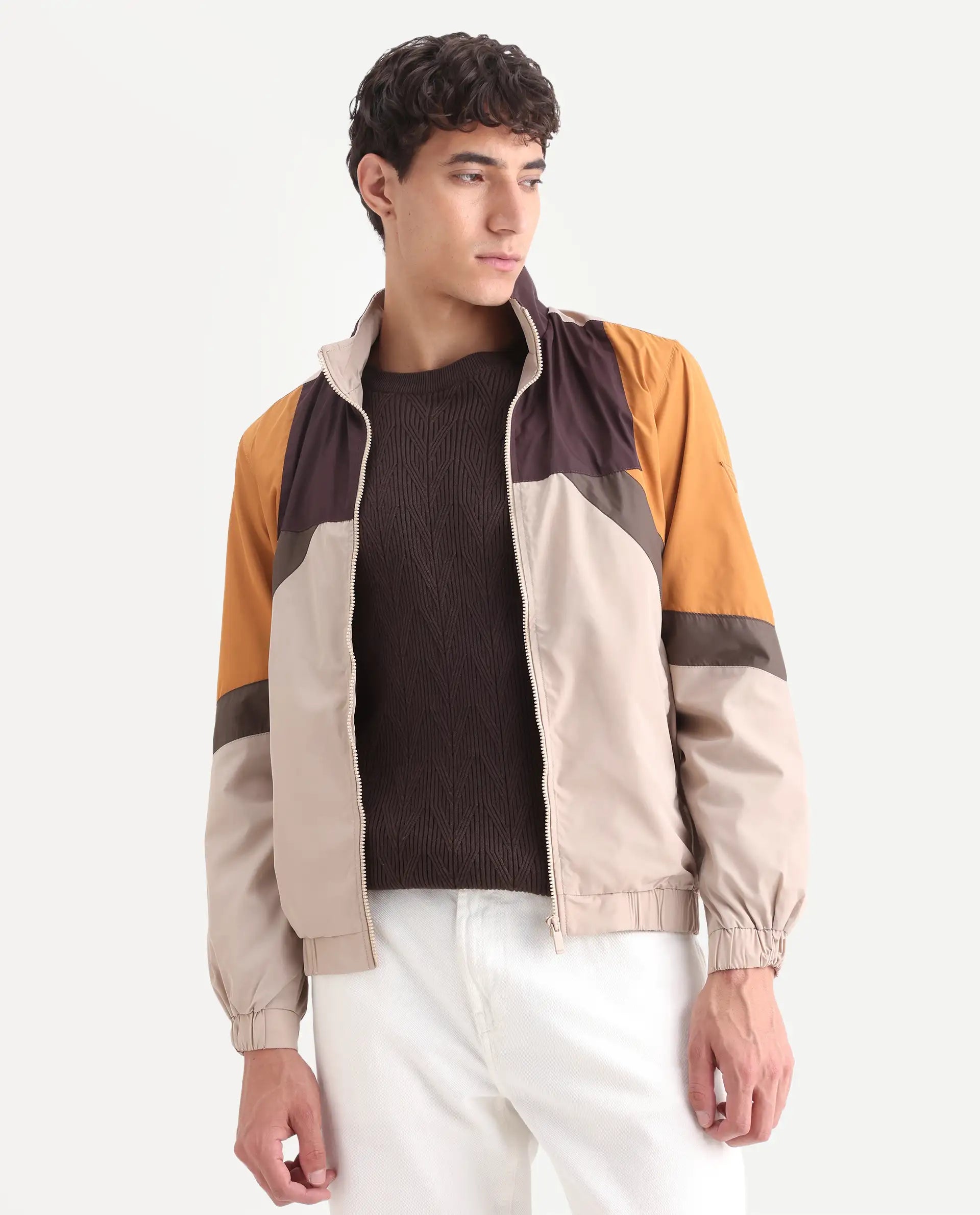 Rare Rabbit Men's Malo Beige Polyester Cut And Sew Regular Fit Full Sleeve High Neck Jacket