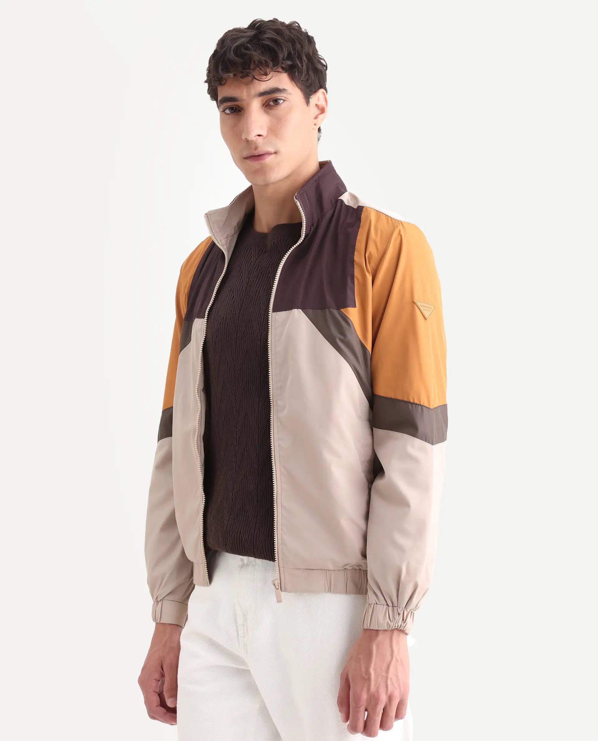 Rare Rabbit Men's Malo Beige Polyester Cut And Sew Regular Fit Full Sleeve High Neck Jacket
