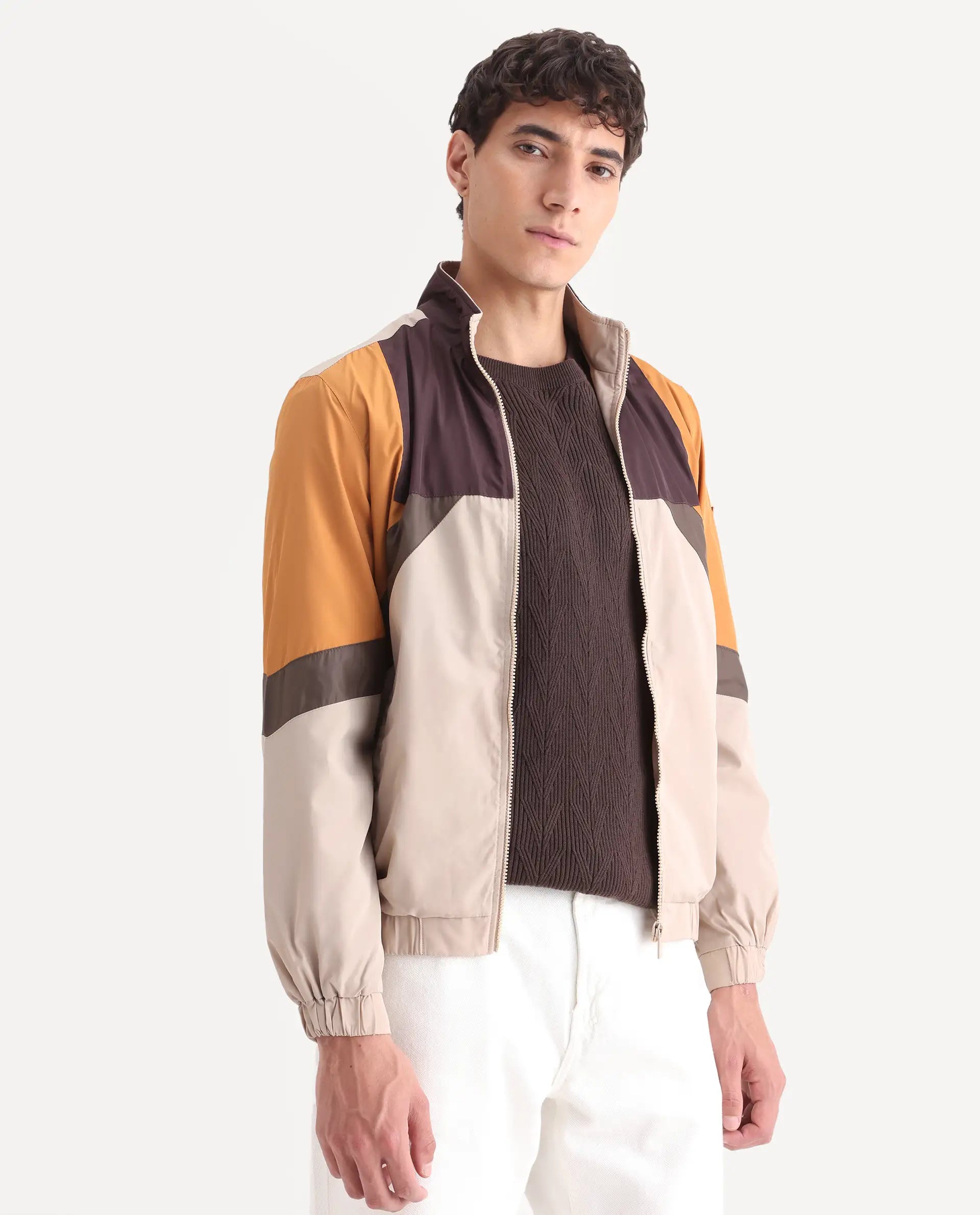 Rare Rabbit Men's Malo Beige Polyester Cut And Sew Regular Fit Full Sleeve High Neck Jacket