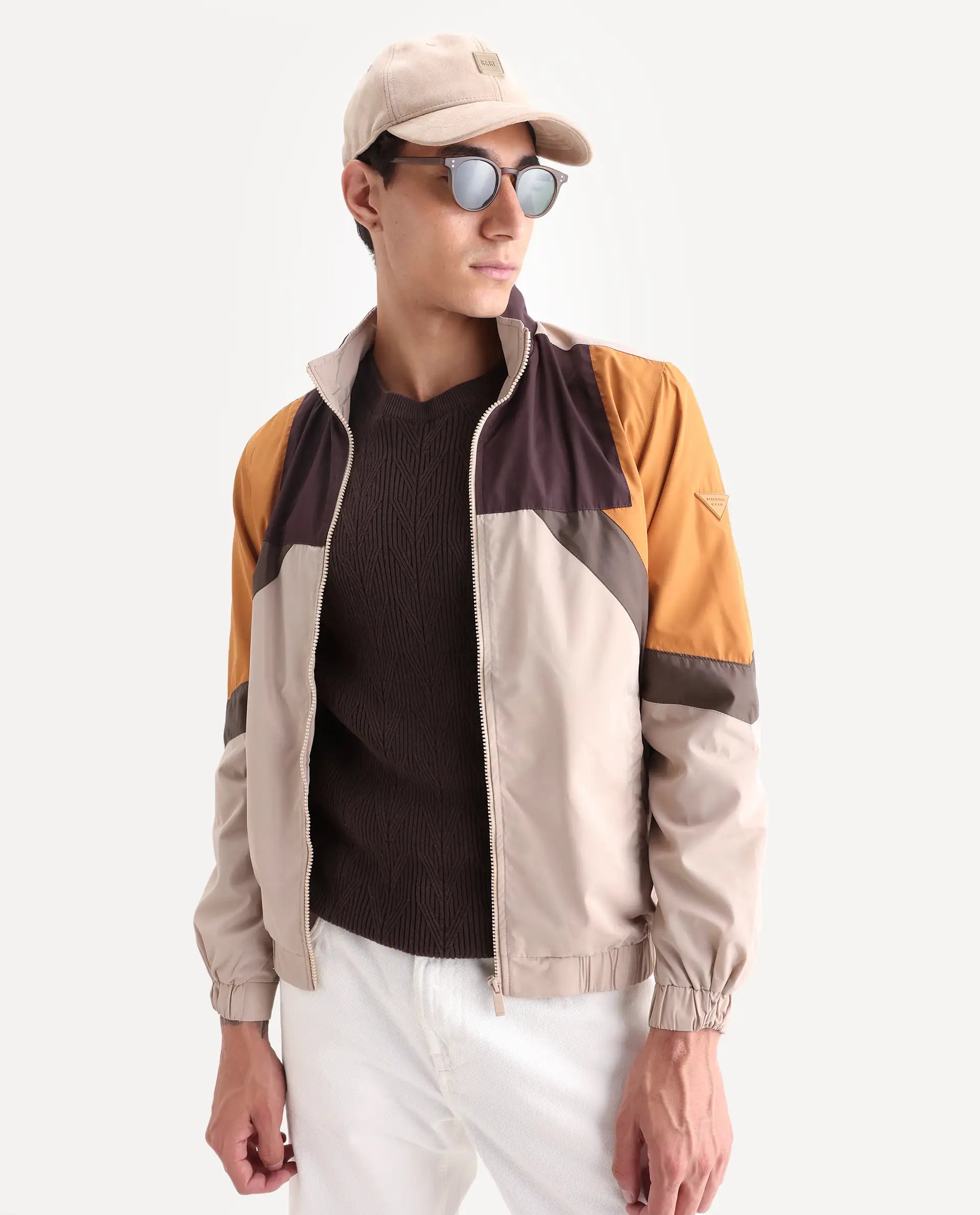 Rare Rabbit Men's Malo Beige Polyester Cut And Sew Regular Fit Full Sleeve High Neck Jacket