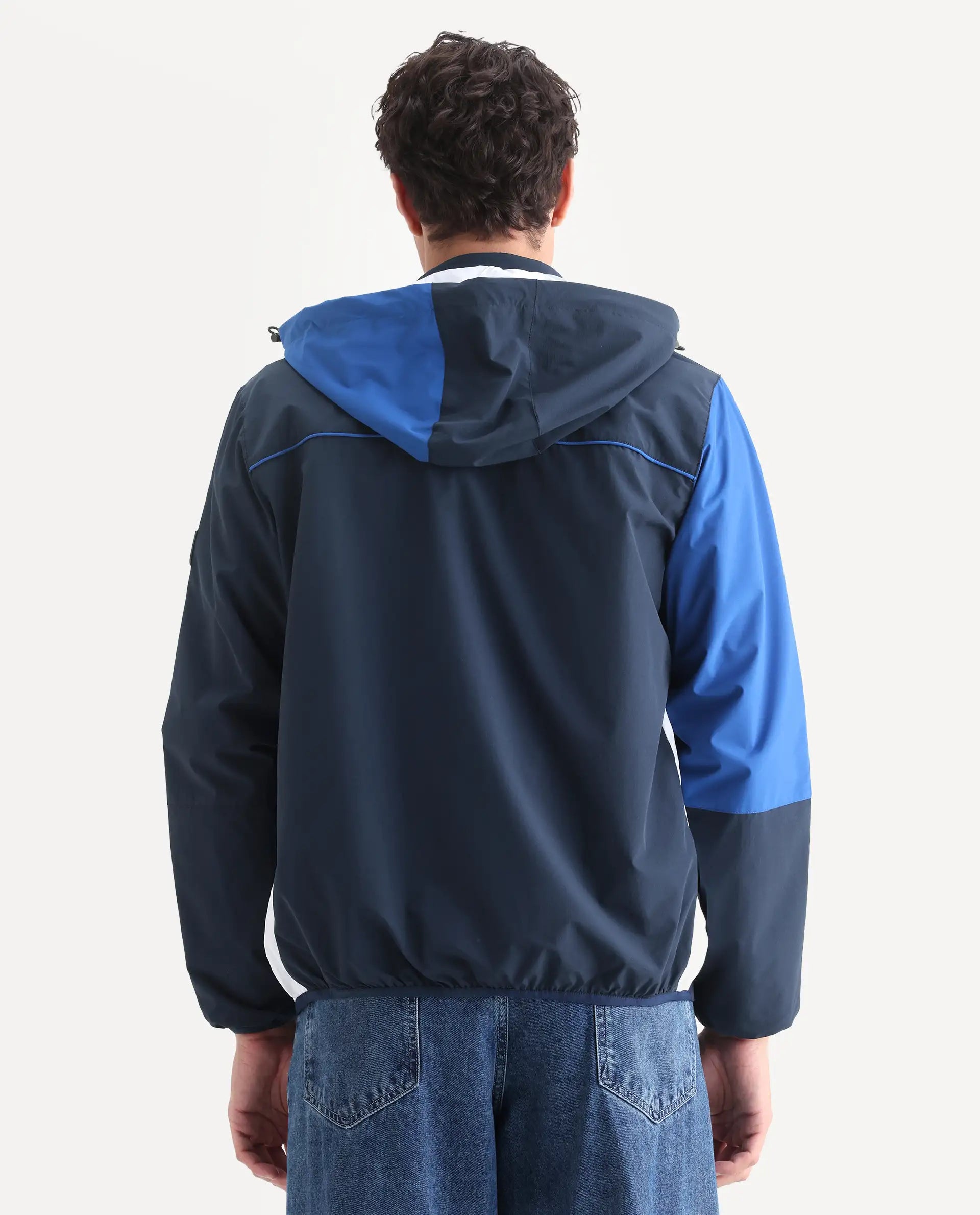 Rare Rabbit Men's Wando Dark Blue Polyester Blend Ombre Regular Fit Full Sleeve Hooded Jacket