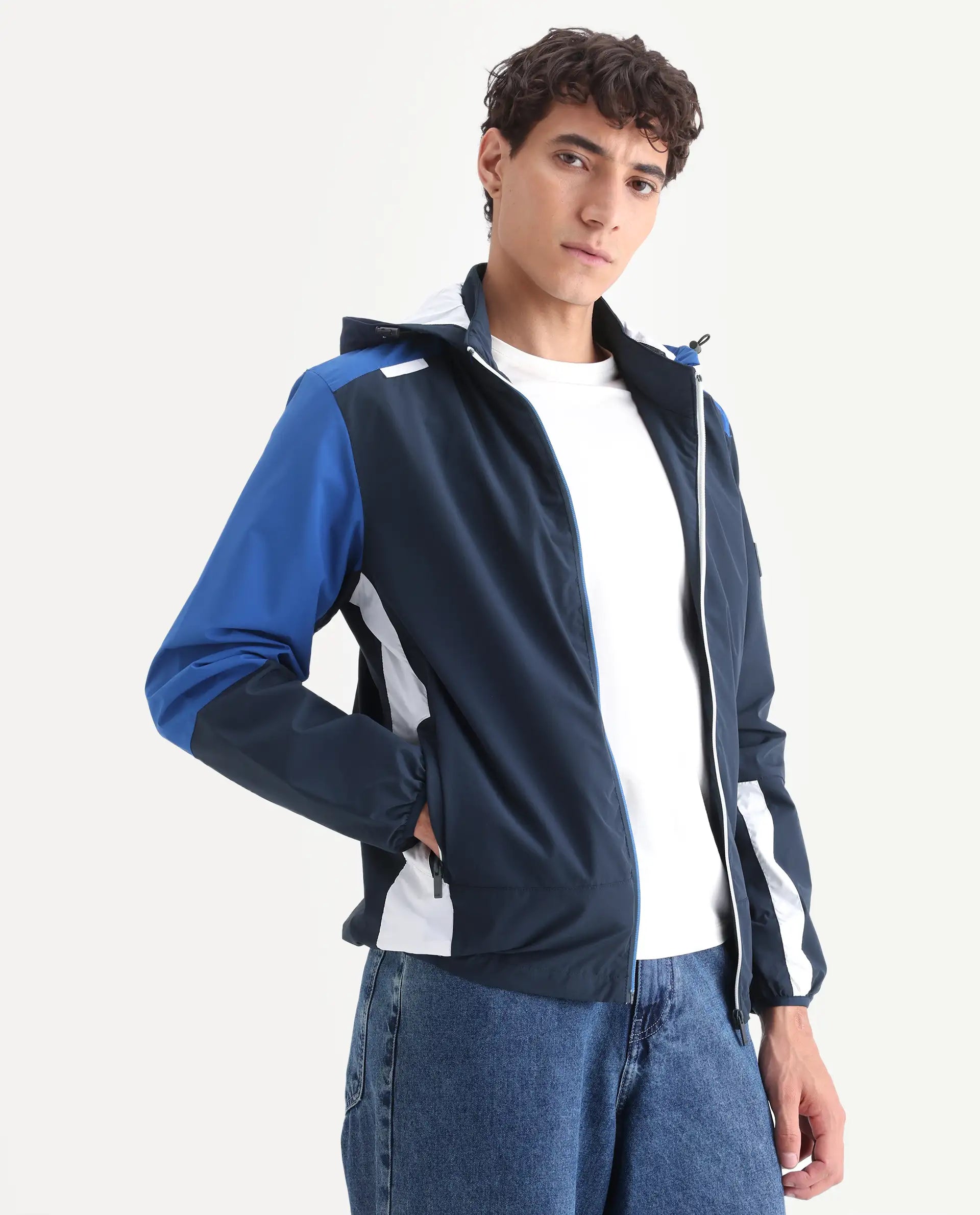 Rare Rabbit Men's Wando Dark Blue Polyester Blend Ombre Regular Fit Full Sleeve Hooded Jacket