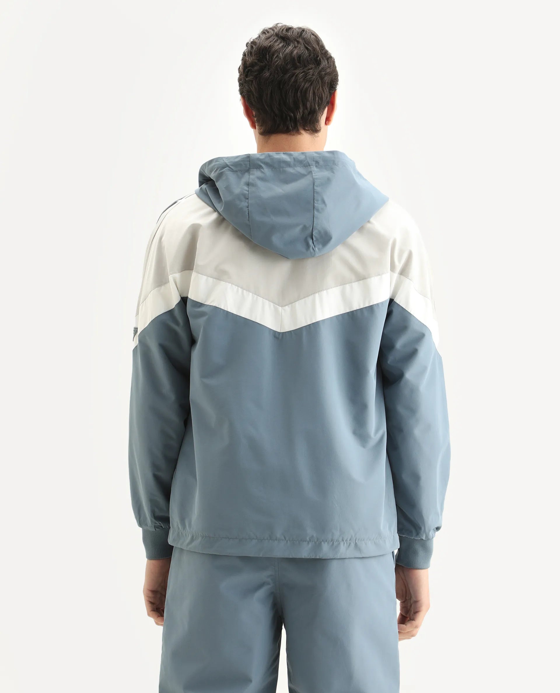 Rare Rabbit Men's Waber Light Blue Polyester Cut And Sew Regular Fit Full Sleeve Hooded Jacket