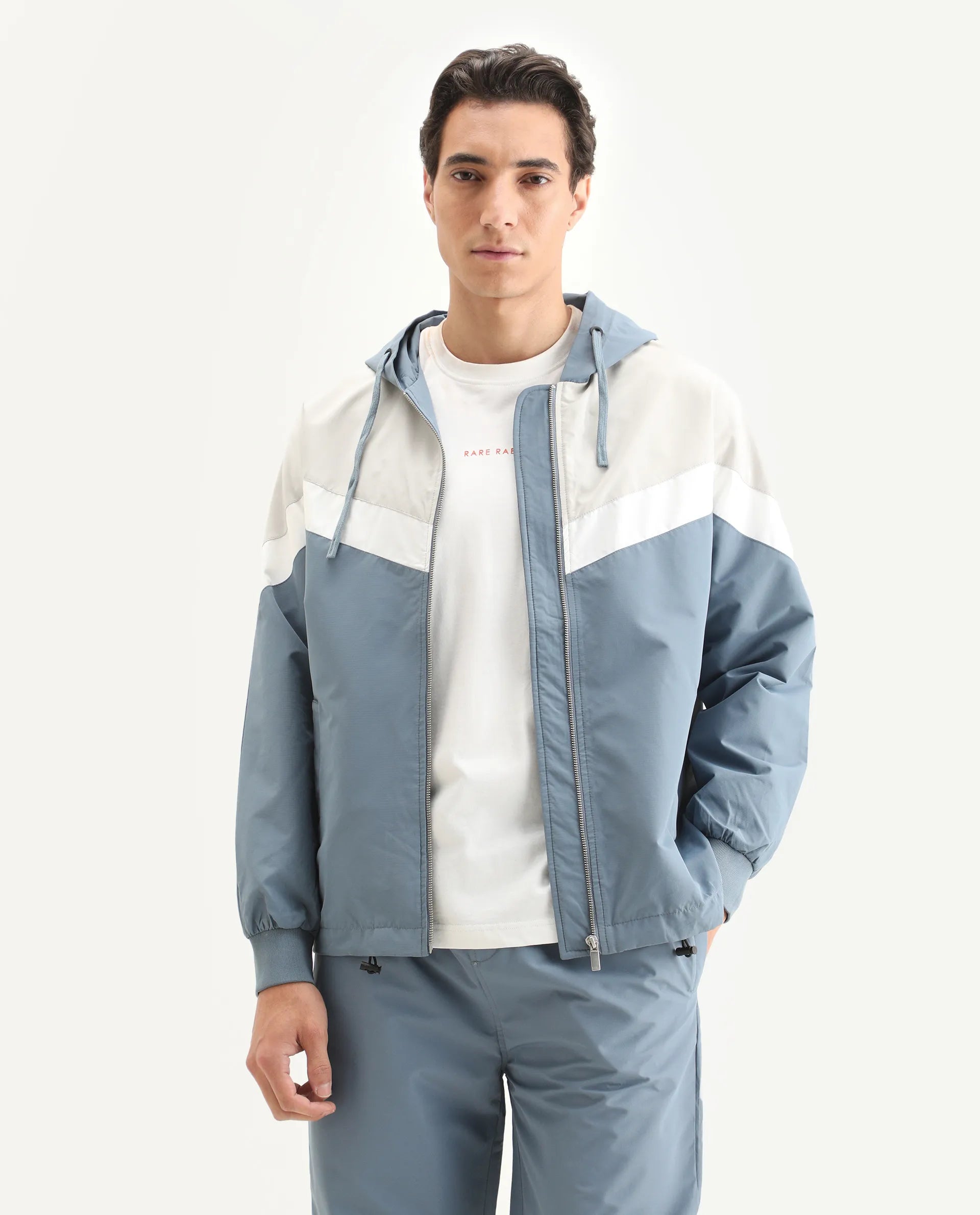 Rare Rabbit Men's Waber Light Blue Polyester Cut And Sew Regular Fit Full Sleeve Hooded Jacket