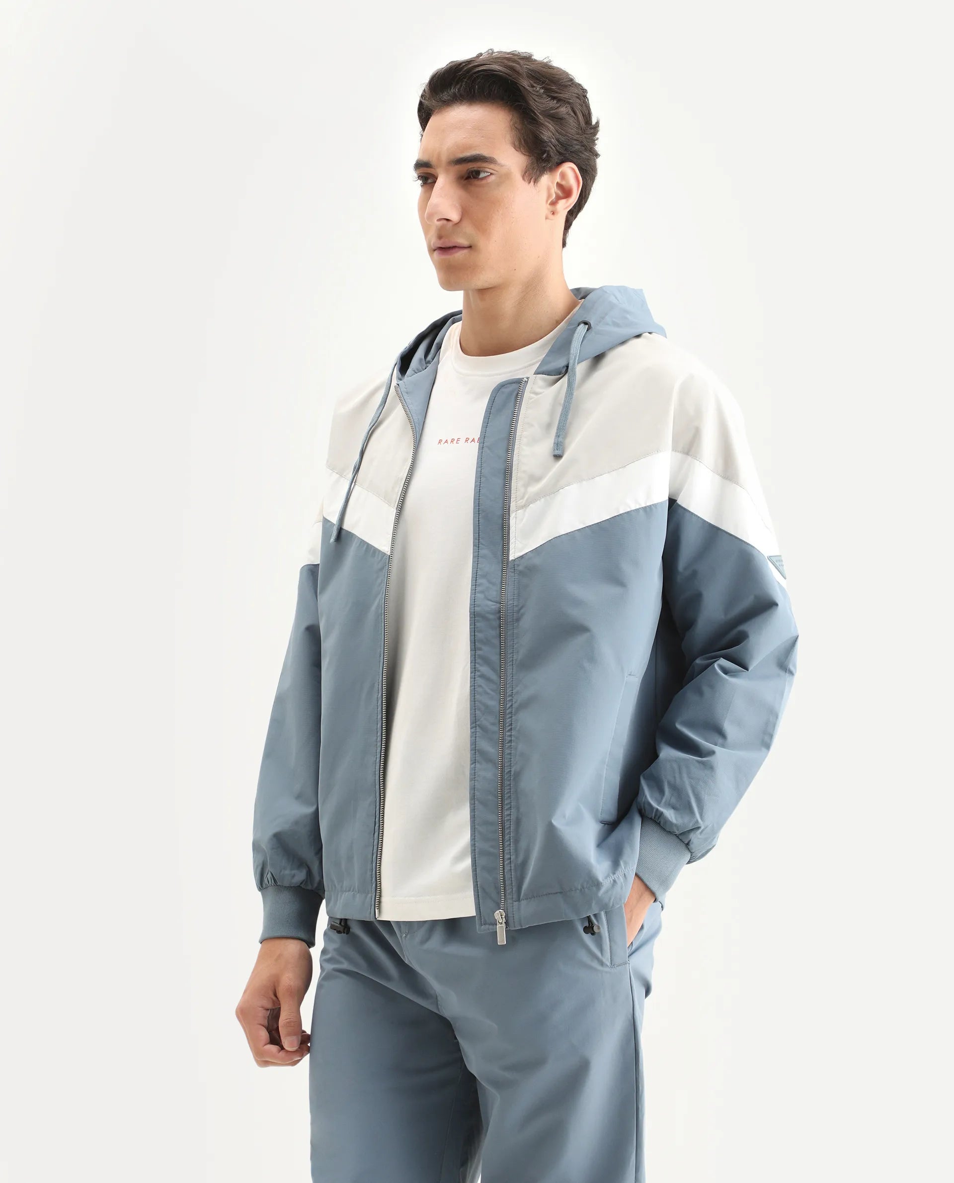 Rare Rabbit Men's Waber Light Blue Polyester Cut And Sew Regular Fit Full Sleeve Hooded Jacket