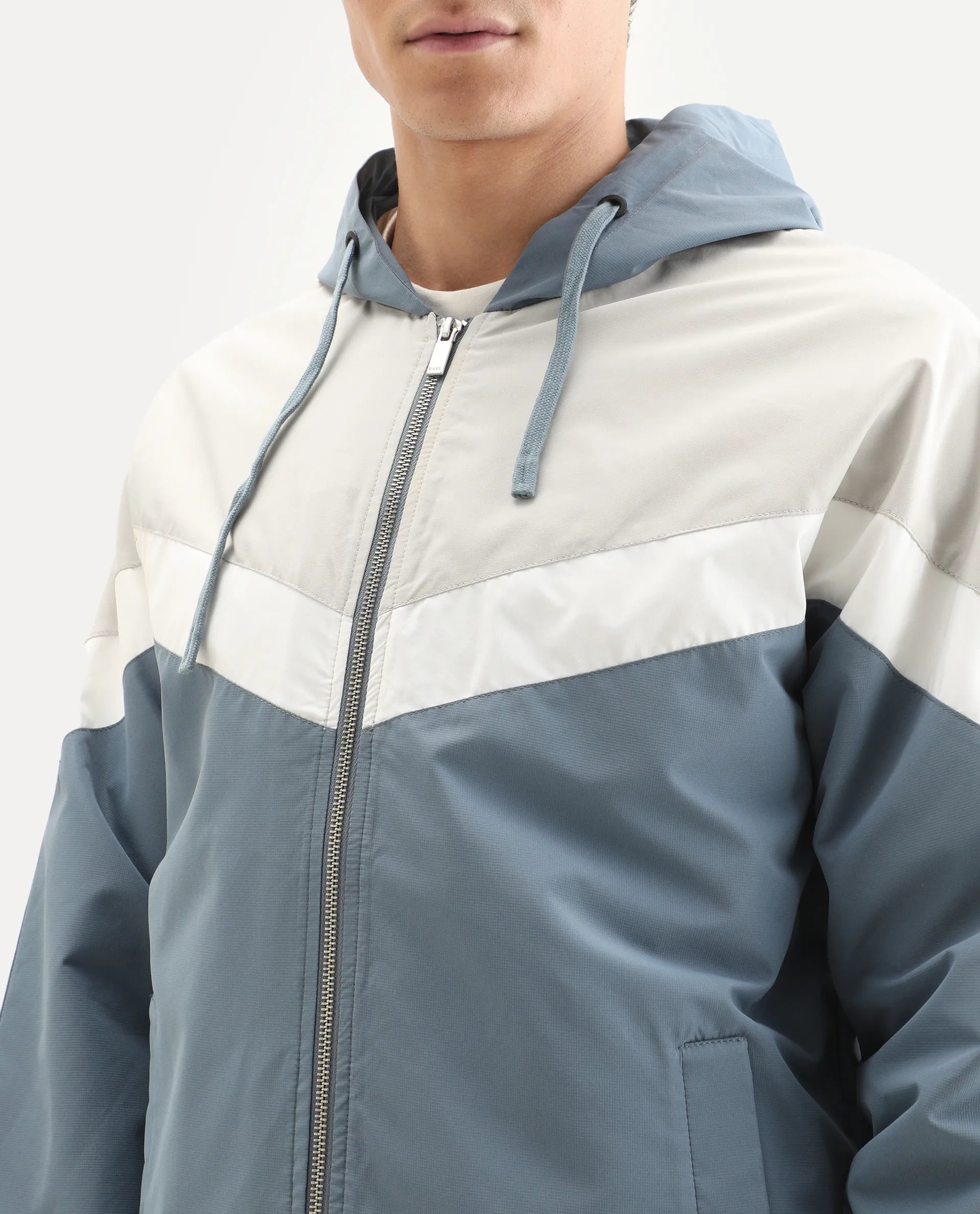 Rare Rabbit Men's Waber Light Blue Polyester Cut And Sew Regular Fit Full Sleeve Hooded Jacket