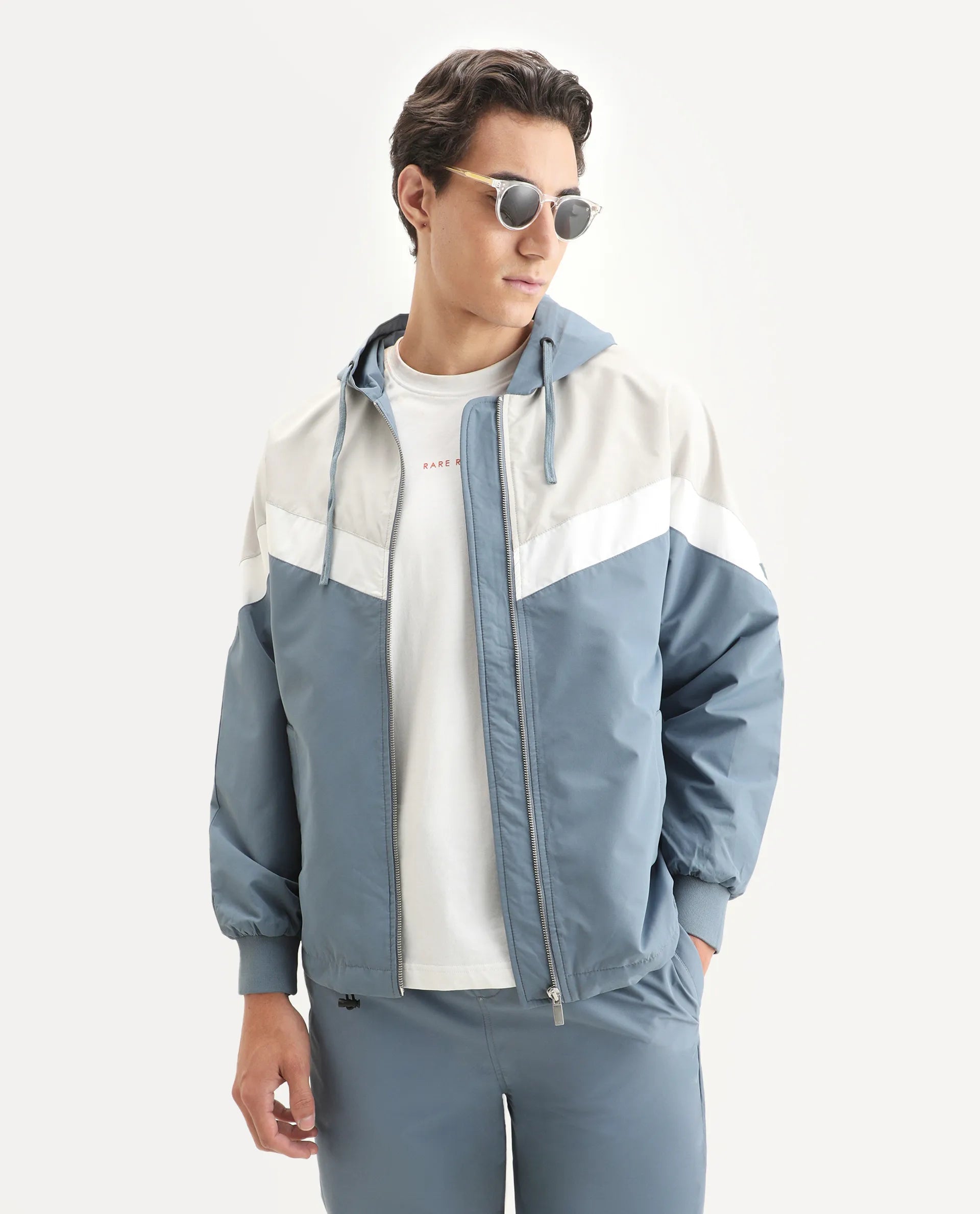 Rare Rabbit Men's Waber Light Blue Polyester Cut And Sew Regular Fit Full Sleeve Hooded Jacket