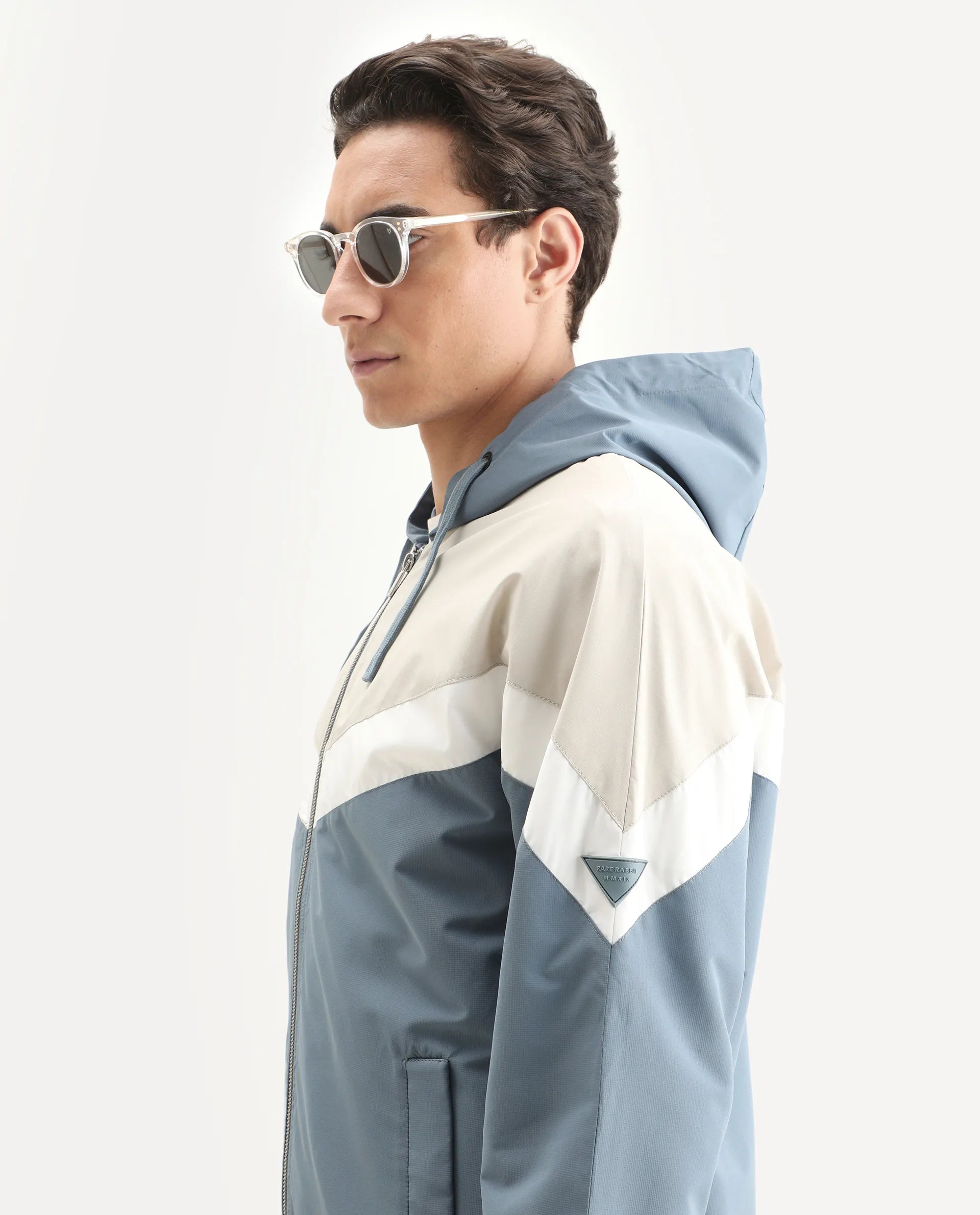 Rare Rabbit Men's Waber Light Blue Polyester Cut And Sew Regular Fit Full Sleeve Hooded Jacket