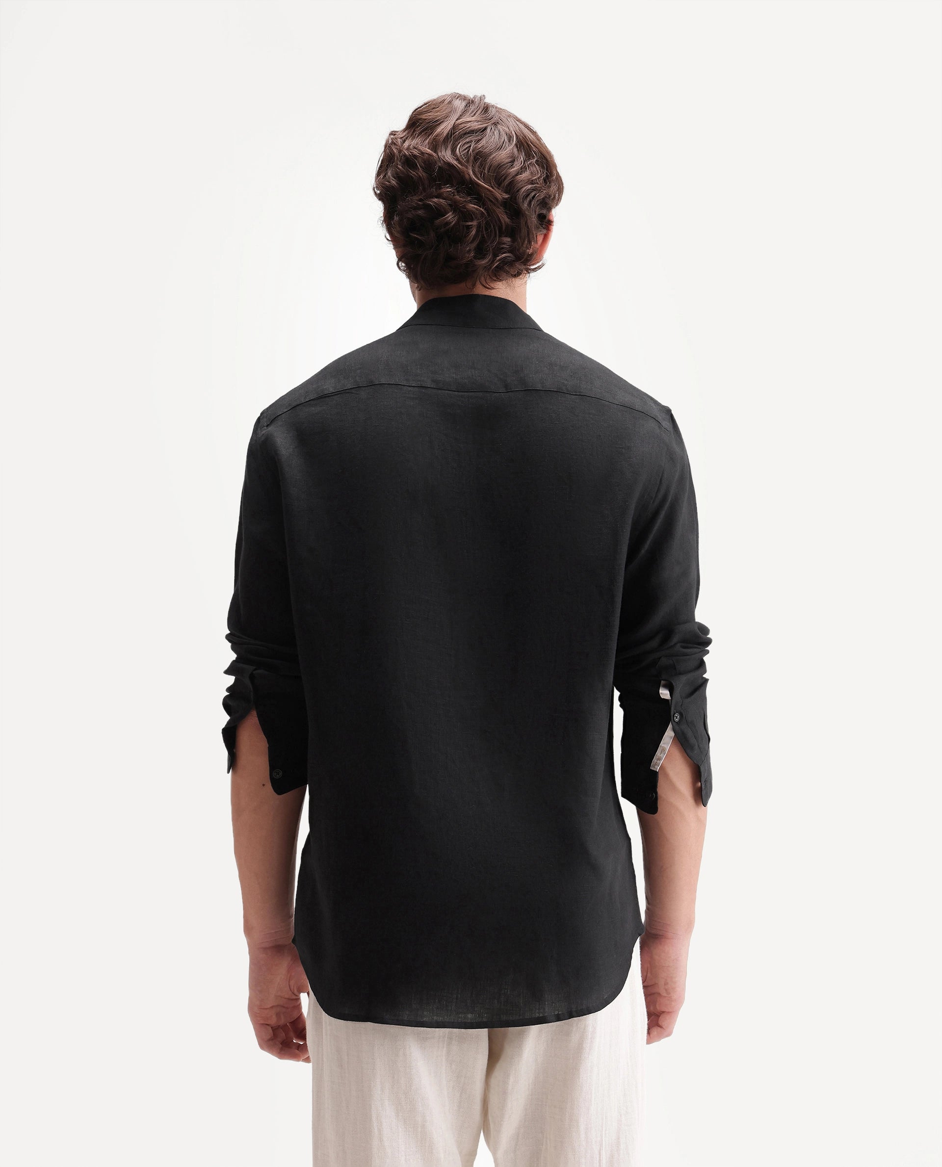 Rare Rabbit Men's Fig Black 100% Linen Plain Regular Fit Full Sleeve Mandarin Collar Shirt