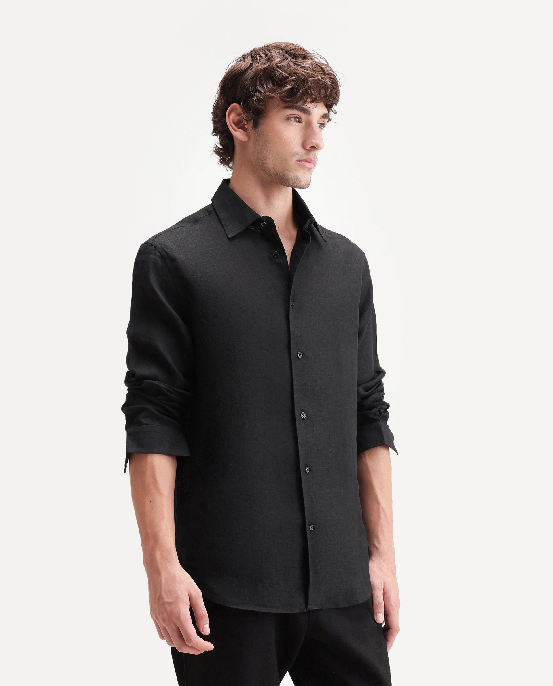 Rare Rabbit Men's Fign Black 100% Linen Plain Regular Fit Full Sleeve Collared Shirt