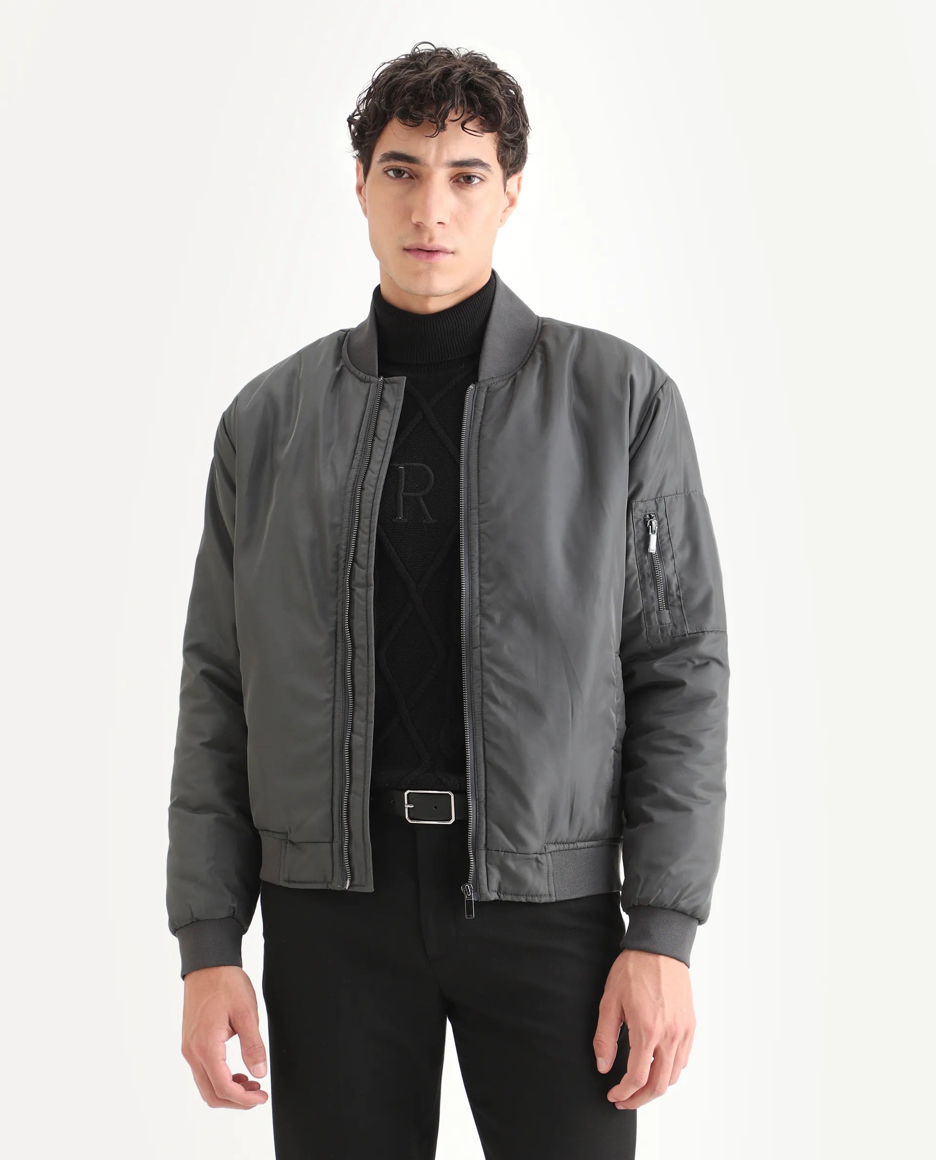 Rare Rabbit Men's Quoto Dark Grey Polyester Plain Regular Fit Full Sleeve Ribbed Collar Jacket