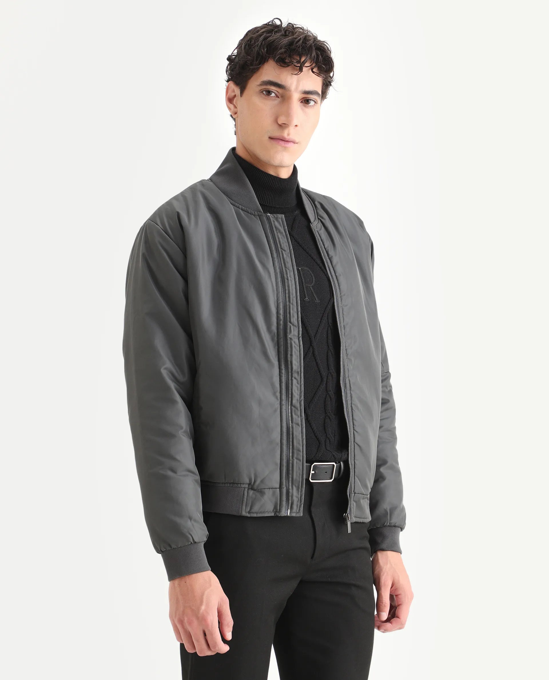 Rare Rabbit Men's Quoto Dark Grey Polyester Plain Regular Fit Full Sleeve Ribbed Collar Jacket