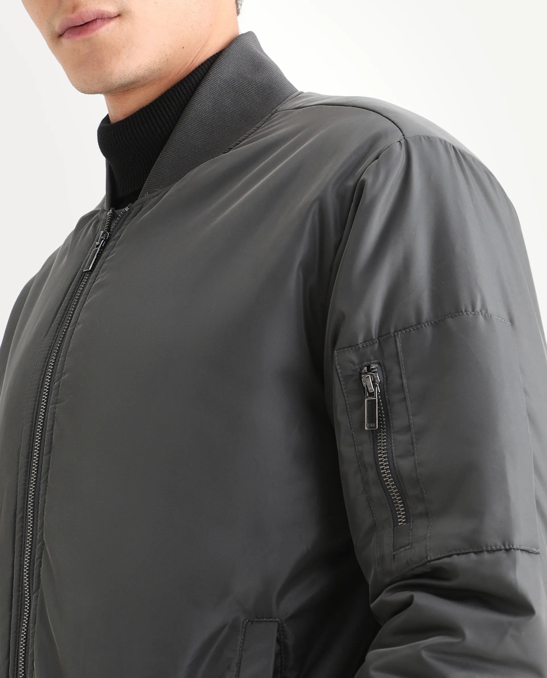 Rare Rabbit Men's Quoto Dark Grey Polyester Plain Regular Fit Full Sleeve Ribbed Collar Jacket