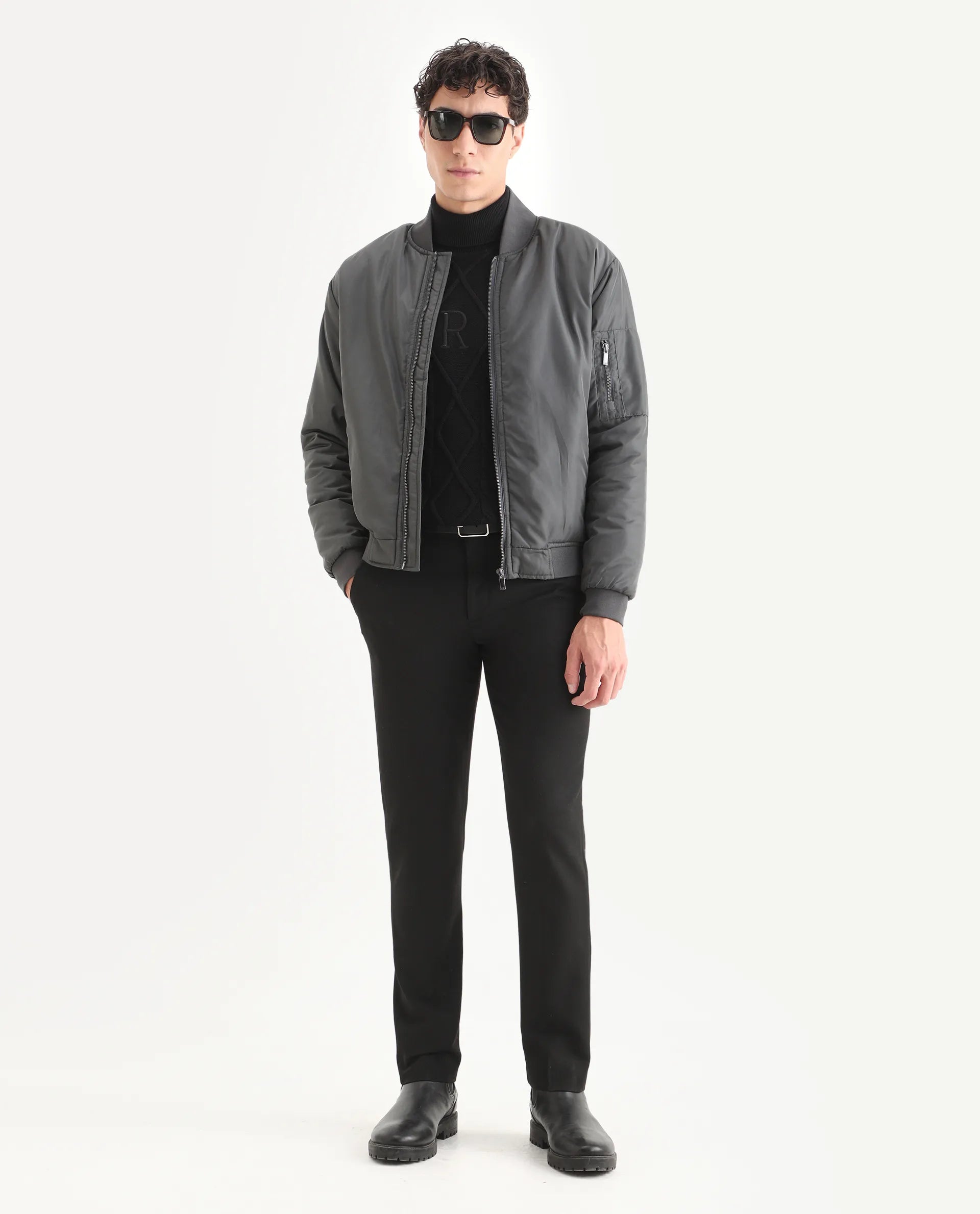 Rare Rabbit Men's Quoto Dark Grey Polyester Plain Regular Fit Full Sleeve Ribbed Collar Jacket