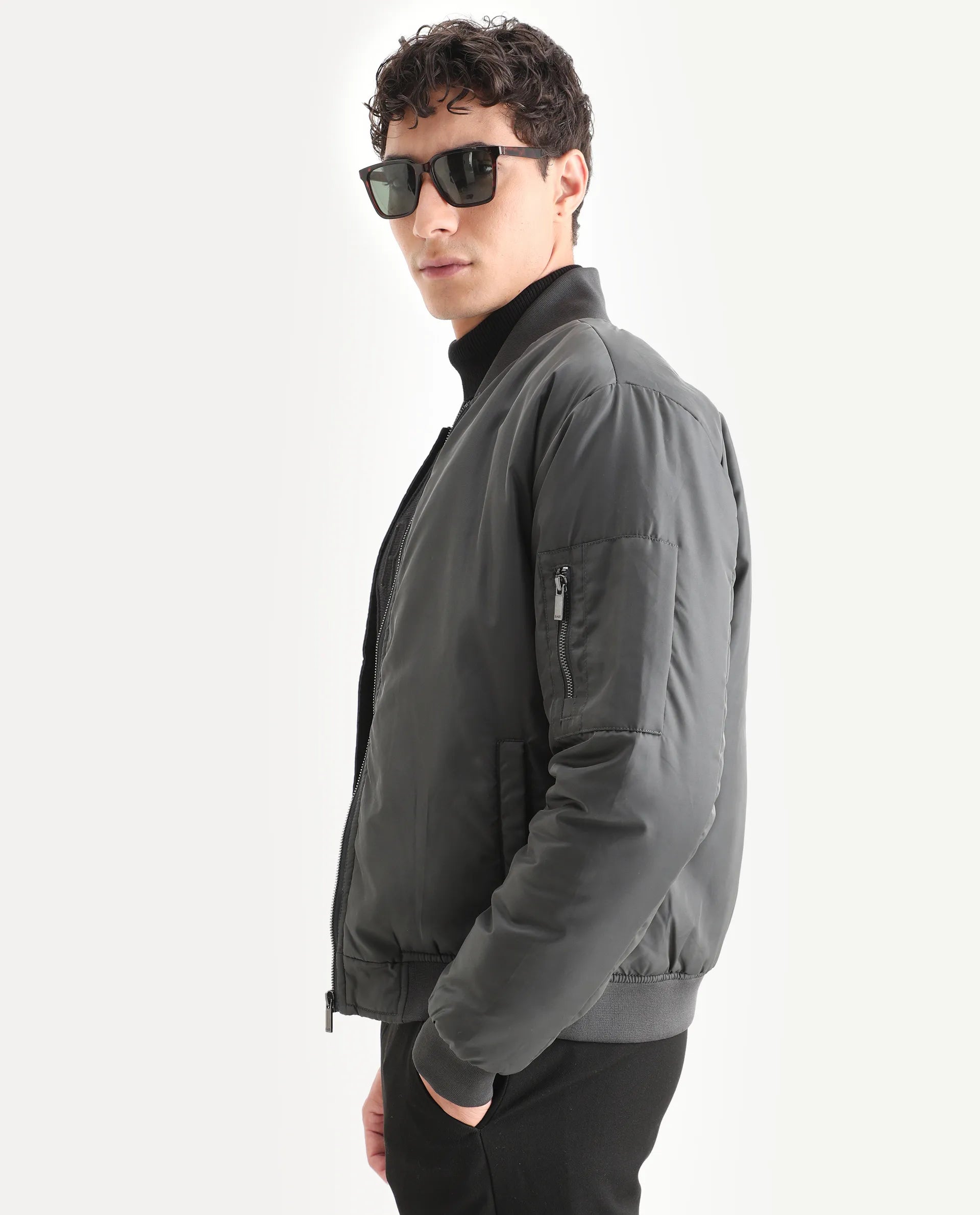 Rare Rabbit Men's Quoto Dark Grey Polyester Plain Regular Fit Full Sleeve Ribbed Collar Jacket