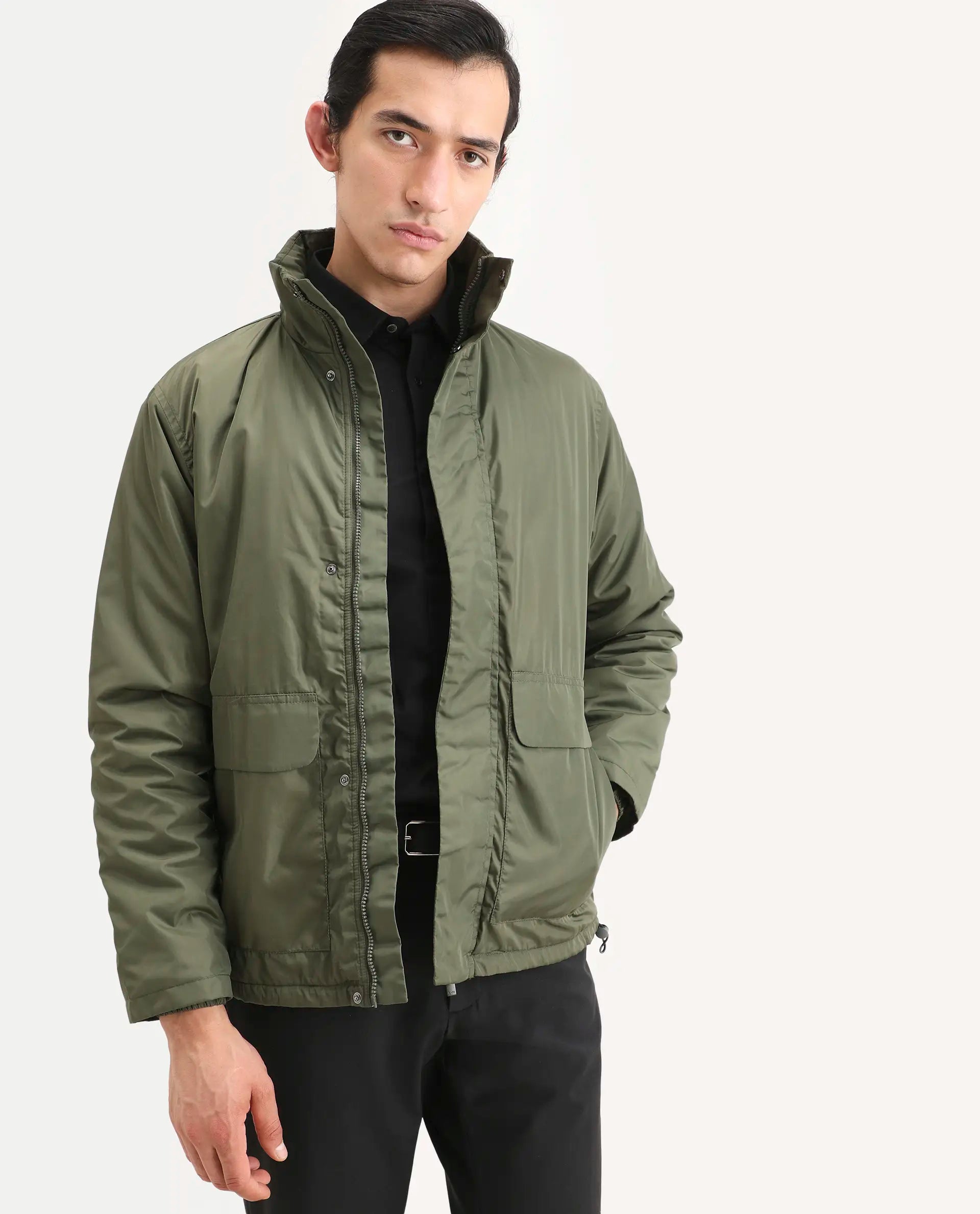 Rare Rabbit Men's Oba Dark Green Polyester Plain Relaxed Fit Full Sleeve High Neck Jacket